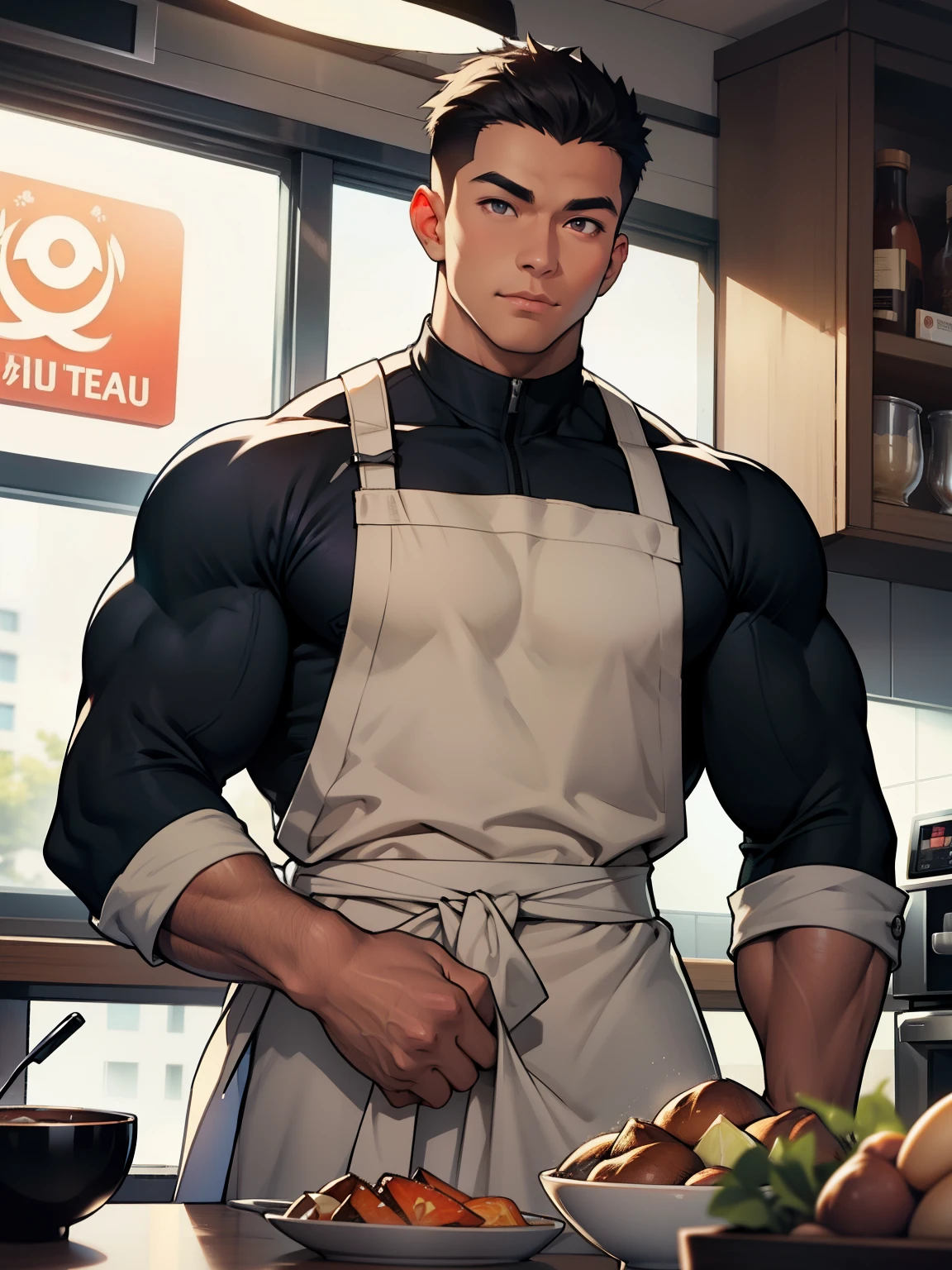 (front angle, symmetrical photo) (highest quality photo), a young male vietnamese bodybuilder, sexy and cute, soft smile, muscular!!!, huge muscles, wearing only apron, huge bulge, tanned skin, super shiny skin, detailed eyes, embarrased, (photo angle from below), in a cafe, cozy atmosphere, window, street view, featured on twitter, by @vanillux3