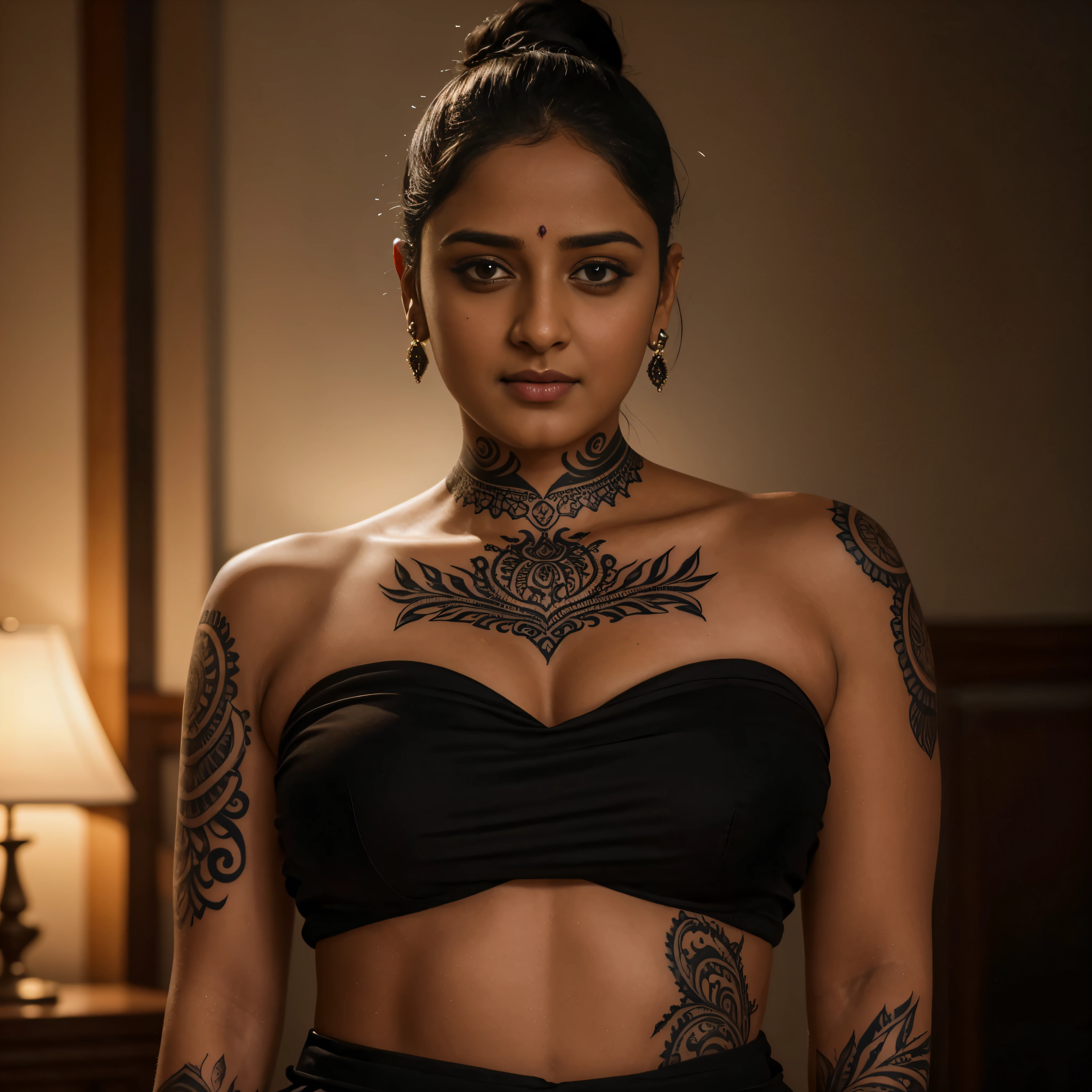Looks like Anushka Shetty, her neck tattoo is alive, it rises from 2D skin surface to 3D life, flowing from her skin into her dark shadow world, it rises from the haunted woman, the beautiful intricacy of the tattooed line lives and breathes, it becomes something else, the line transforms her and us, the viewer