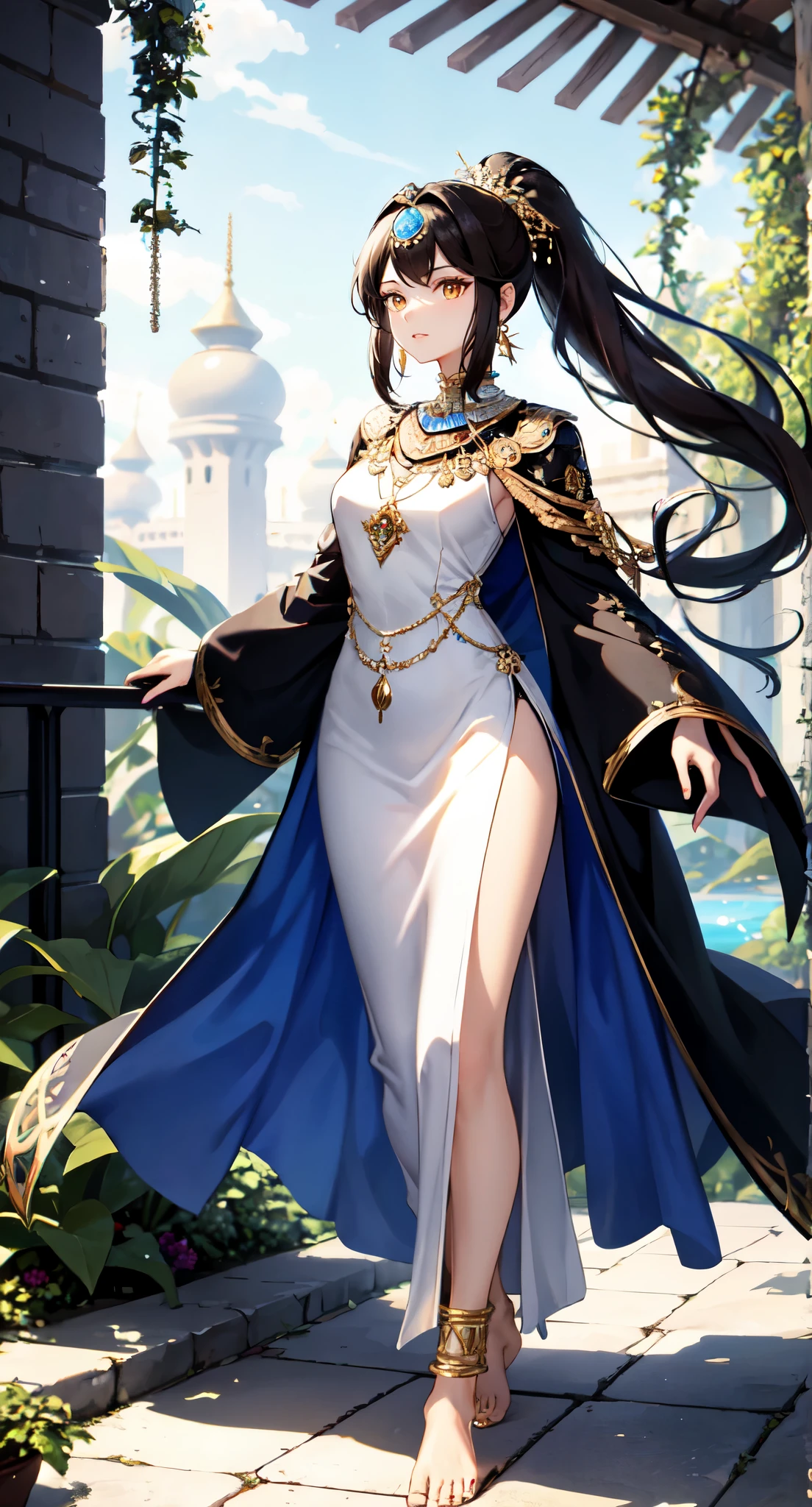 Chocolate brown high ponytail long hair,Standing close-up,dream world,Babylon Queen,Chocolate high ponytail,Messy hair,golden eyes,civilization,hanging garden背景,(floating island,hanging garden:2.0),A wide range of jewelry,(Precious Middle Eastern style long dress,Black and blue coat,White long skirt:2.0),necklace,Her skin is very white, fair complexion,(White long dress,Exotic),barefoot,Gemstone anklets
