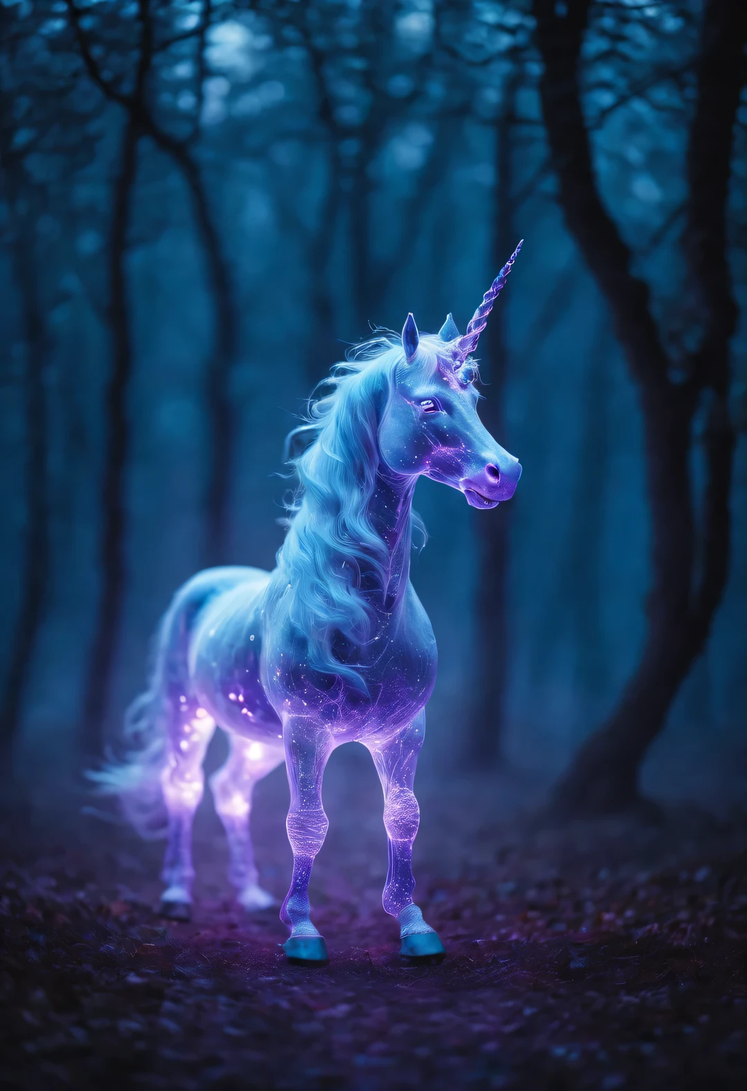 n Light field photography style, light painting style, Beautiful detailed，
A giant purple unicorn walks alone, as if searching. The body of the blue unicorn is translucent purple, Emits a faint glow, Highlight its beautiful purple eyes,
Unicorn heads are often very elegant and proportional to the body. The most distinctive feature of the unicorn is the spiral unicorn on its head, Gives a jade-like appearance，transparent light blue tint, tall and elegant,
Their faces are usually triangular in shape, A pair of bright and deep eyes exuding wisdom and wit. The color of the eyes is purple, Unicorn ears are pointed and straight, Give people a feeling of alertness.
Unicorn bodies are usually very strong and have smooth lines.
background: In the foggy forest in Greek mythology, shadow, Blu-ray, Full of mystery, epic scene, Bottom Up, look up