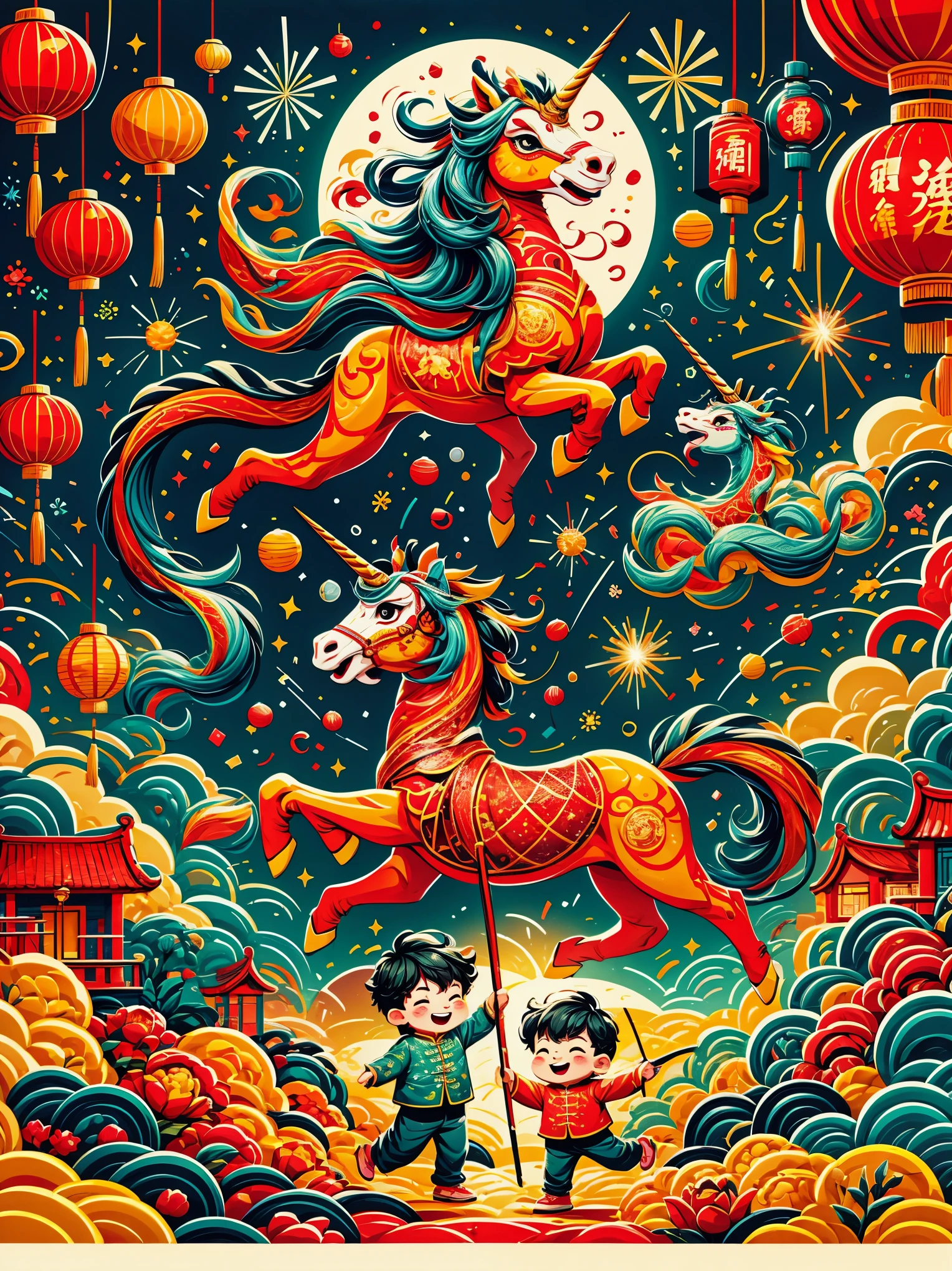 Professional t-shirt design vector, truly impressive, 8k, ultra high definition, Cute style illustration of 1 legendary unicorn, Wearing traditional New Year&#39;s clothing, Vincent van Gogh《starry night》style of，The festive background incorporates Chinese New Year elements such as fireworks, firecracker, and spring couplets. Images should blend with rotation, 活泼可爱的“starry night”风格, whimsical aesthetic.