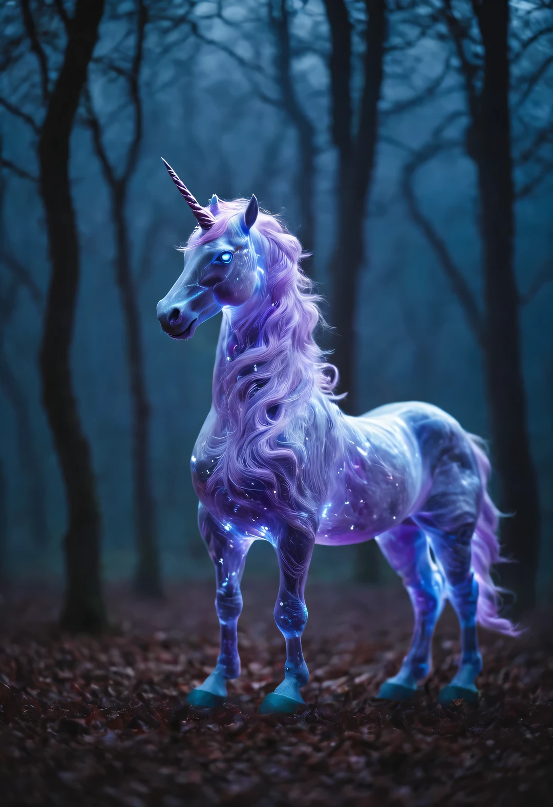 n Light field photography style, light painting style, Beautiful detailed，
A giant purple unicorn walks alone, as if searching. The body of the blue unicorn is translucent purple, Emits a faint glow, Highlight its beautiful purple eyes,
Unicorn heads are often very elegant and proportional to the body. The most distinctive feature of the unicorn is the spiral unicorn on its head, Gives a jade-like appearance，transparent light blue tint, tall and elegant,
Their faces are usually triangular in shape, A pair of bright and deep eyes exuding wisdom and wit. The color of the eyes is purple, Unicorn ears are pointed and straight, Give people a feeling of alertness.
Unicorn bodies are usually very strong and have smooth lines.
background: In the foggy forest in Greek mythology, shadow, Blu-ray, Full of mystery, epic scene, Bottom Up, look up