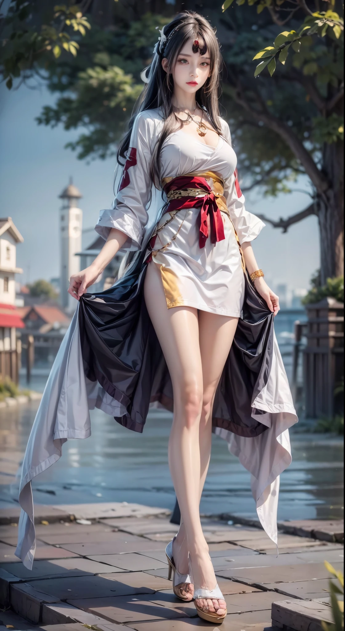 realistic, 1 women, best quality, 12k, HD, long hair, big round breasts, cleavage, ponytail, necklace, jewelry, shorts, short jacket, slim hips, hair tie, yellow eyes, black hair, super detailed, Eye details, hair details, person details, mouth details, face details, breast details, clothes details, hair details, pants details, hand details, whole body
