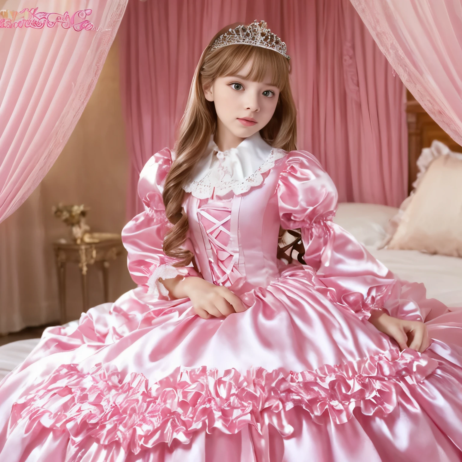 ,highest quality, masterpiece, highest resolution, artwork, super それにget used to it, many get used to it, get used to it, それにget used to it, 3K realistic photos,,((10 year old girl)),Super detailed baby face,She is a princess,Full length ball gown dress with hoop skirt,ruffle yoke collar,puff sleeves,long sleeve,((Lolita style hot pink detailed princess satin dress、Comes with lots of frills and ribbons。)),colorful rococo fashion,shiny satin dress,Soft and smooth fabric,luxury,long blonde hair,blue eyes,white skin european,pajamas,((inside the palace)),,,(( of 10 years old)),Super detailed baby face,Full length ball gown dress with hoop skirt,long skirt,ruffle yoke collar,puff sleeves,腰まで伸びるlong blonde hair,blue eyes,white skin european,pajamas,((inside the palace bedroom)),ピンクのシルクサテンのluxuryなcanopy bedの上,canopy bed,Luxurious curtains on both sides of the bed,many frilly pillows on the bed,super detailed background,Detailed bed,romantic atmosphere,the little princess is on the bed,hug a pink pillow,((((Both legs are hidden in the dress)))),the dress is spread out on the bed,soft pink silk satin comforter,soft silk satin ruffled pillow,Beautiful girl illustration,detailed beautiful face detailed hair,detailed human eye ,detailed mouth, arm details,fine hands,Detailed pillow,