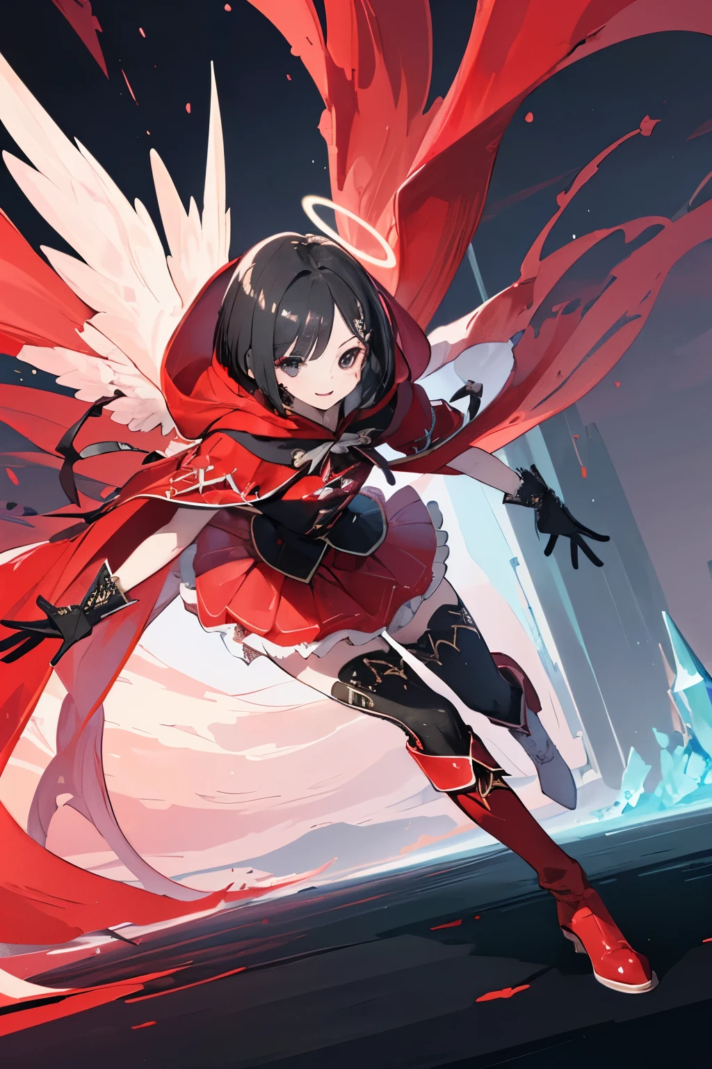 (((1girl))), ((best quality)), ((masterpiece)), ((ultra-detailed)), (illustration), (detailed light), (an extremely delicate and beautiful), (beautiful detailed eyes), (sunlight), ((extremely light)), ((extremely clothes)), (((hyper detail))),(((((front lighting))))),(((((front light))))),
((((quite adorable and much more erotic Necromancer's robe with a brief skirt and Necromancer's hood)))), (((Finest Ranked Necromancer))),
,
((short bob)), ((((black hair)))), (((short hair))),
(((crystal black eyes))), (((tiny adorable angel wings))), (((angel halo))),
(((whole body))), aged 8 to 12, ((((())))),
((condescending expression)), ((mischievous smile with sexual satisfaction)), (((extra adorable))), (((((extra slender shape))))),
(((extremely beautiful detailed face))), (((surrounded by corps of fancy ghosts))),
(((((supre dynamically and bravely attacking enemies by a spell of layered red cloud of death))))), (((elegant magic boots))),
(((((Dutch angle))))), (((magical colored gloves))), ((transparent magical underskirt)), (a little bit exposed magical colored panties)