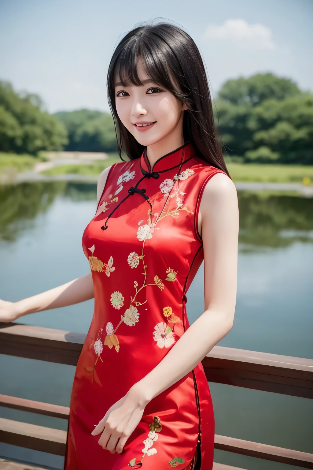 K-pop Idol、black hair、With bangs、smile、sexy body、sexy red cheongsam、embroidered with floral patterns、standing on a bridge over a pond、staring at me、love me