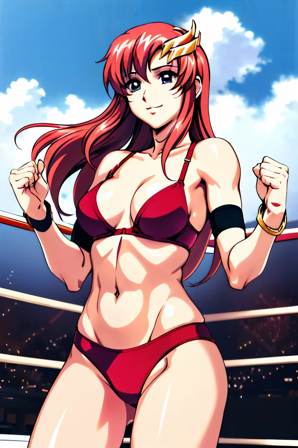 lacus4, (red bikini, groin lines), (masterpiece, cowboy shot, very slim shoulders, 4K, Best Quality, Anime style: 1.9, happy, Adult Woman, (ultra detailed head), (wrestling ring with crowd, cloud background), Drawing lines, high resolution, lacus4), 1girl, Solo, curvy figure, Long hair, 鎖骨, scapular, (Detailed wide hair bangs, Hair Ornament, Detailed reddish-pink hair, shiny streaks, slim arms, detailed golden crest), cleavage, large hands, (hair cover shoulders). (Big blue eyes, shiny eyes), ((female wrestler, (slim body), little biceps, slim arms, closed fists, thighs)), ((perfect proportions, medium breasts, long belly)), ((totally red bra, neck band, bracelets))), smile, (standing, hot colors), detailed fingers, (bare shoulders)
