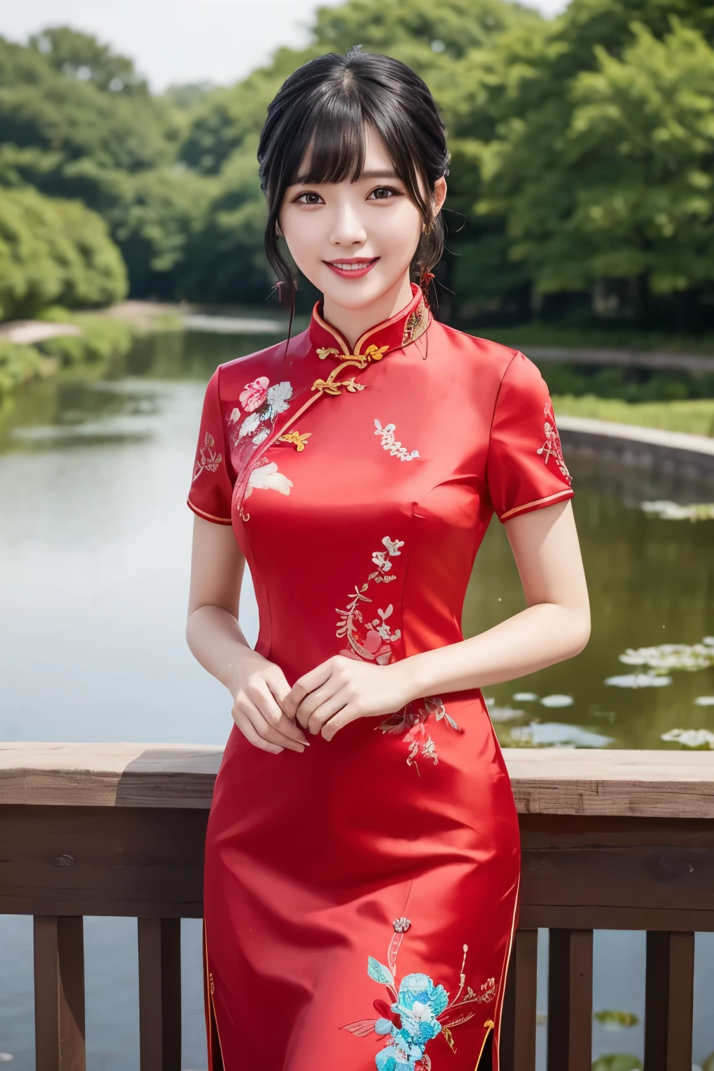 K-pop Idol、black hair、With bangs、smile、sexy body、sexy red cheongsam、embroidered with floral patterns、standing on a bridge over a pond、staring at me、love me