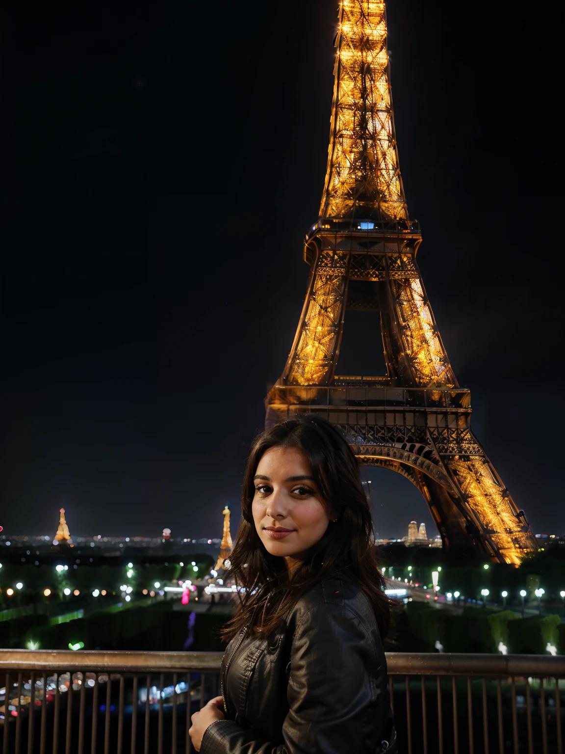 arafed woman standing in front of the eiffel tower at night, in front of the eiffel tower, bokeh paris in background, with eiffel view, in paris, eiffel tower photography, portrait of paris, paris background, paris, bokeh in the background only, eiffel tower in the middle, french girl, eiffel tower, eiffel tower left, at nighttime
