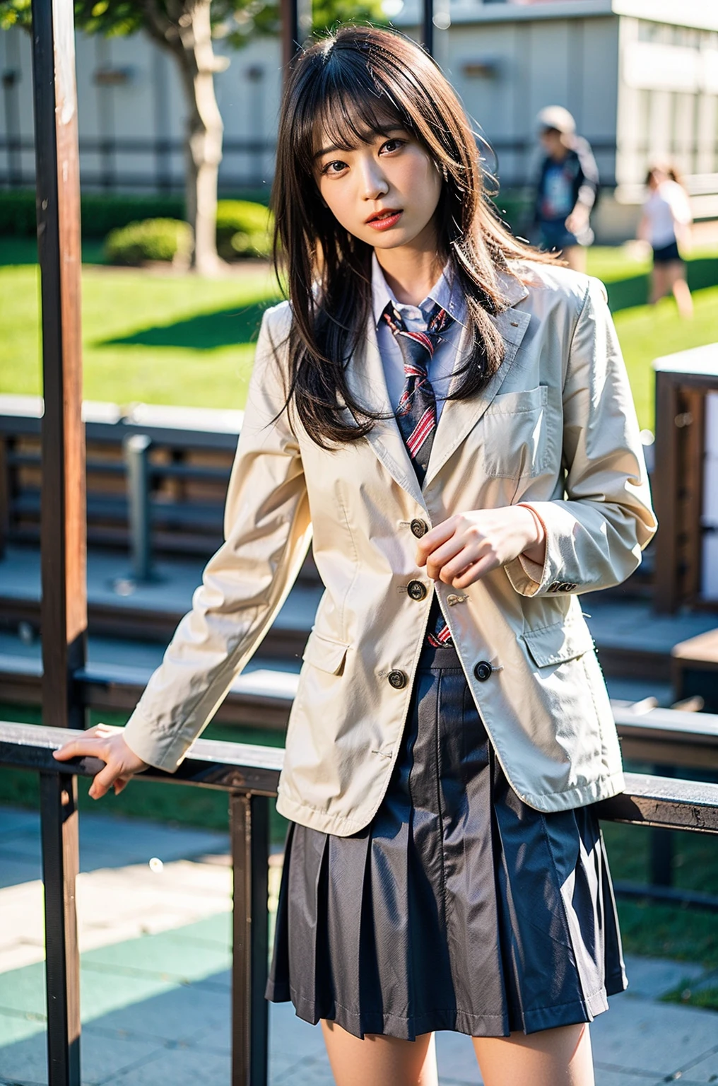 (8K、RAW photo、highest quality、masterpiece:1.2)、(realistic、Photoreal)、40 years、1 girl、I have a mole next to my eye、((White shirt with long sleeves、sailor suit、red tie、Below-the-knee length navy pleated skirt))、（high school girl）、The skirt is rolled up、gal、lots of eyelashes、glitter on eyelids、Dark Red Knee-High Socks、Skeletally correct、thighs open、wavy twintails、cute smile、sweaty body、attractive body beautiful perfect body、V-line emphasis、put your hands behind your head、Beautifully aligned fingertips、