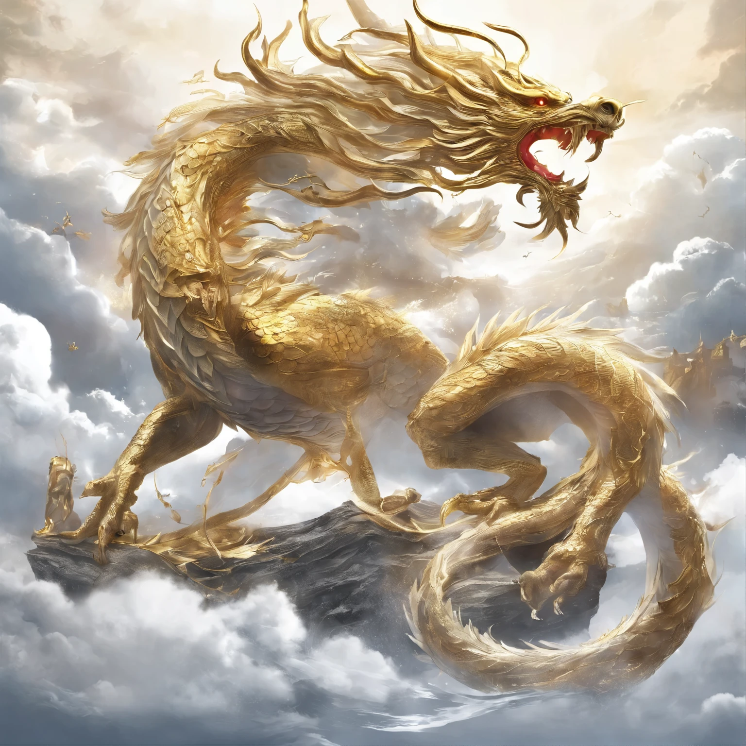 masterpiece、(White background:1)、Golden Chinese dragon surrounded by white clouds、gods々correct、wind、gods、long wavy body、fangs、The whole body、Resplendent,bling,fantasy、myth、high quality、Very detailed、masterpiece、epic、particle effects、dynamic effect