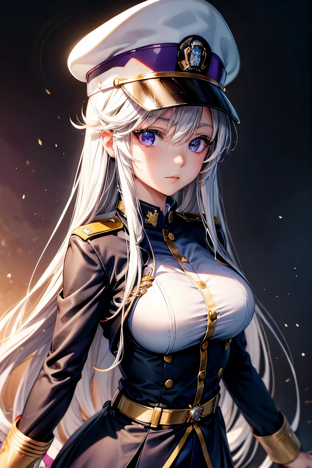 anime girl military uniform and hat, best quality, high resolution, very fine texture, cute and beautiful facial details, long white hair, bright purple big eyes, eye liner, double eyelids, big breasts.