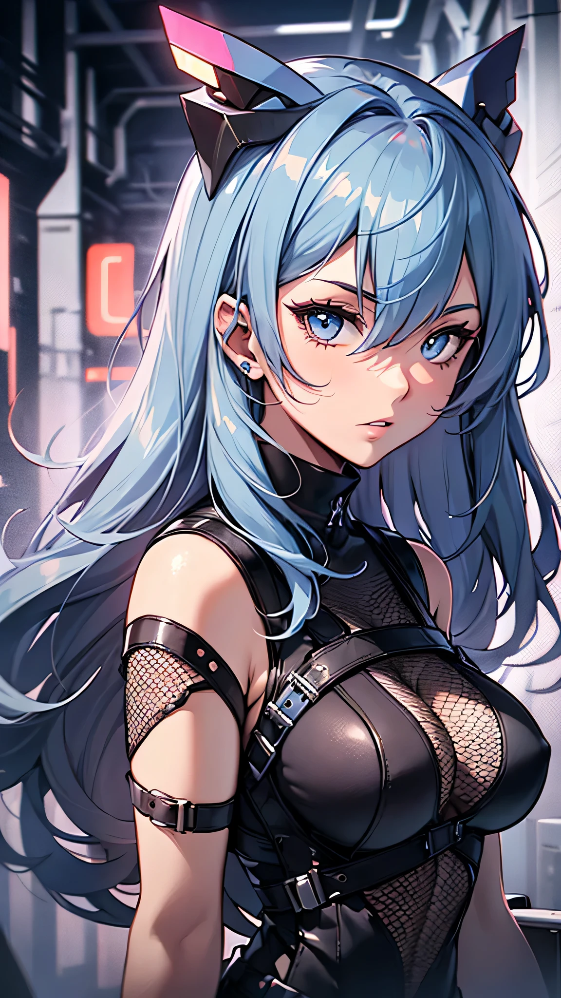 最high quality、best image quality、masterpiece、age girl((18-year-old、 By becoming、vest bust、medium bust,wide open breast tea、black eye, light blue hair、Red mesh、long hair、thin,highest valley、red mechanical body、Power cable、show your whole body、Expressionless、walk)),high quality、beautiful art、background((Bright Institute))debris flies、Depth of written boundary、movie、visual art、perfect art、8K,genuine