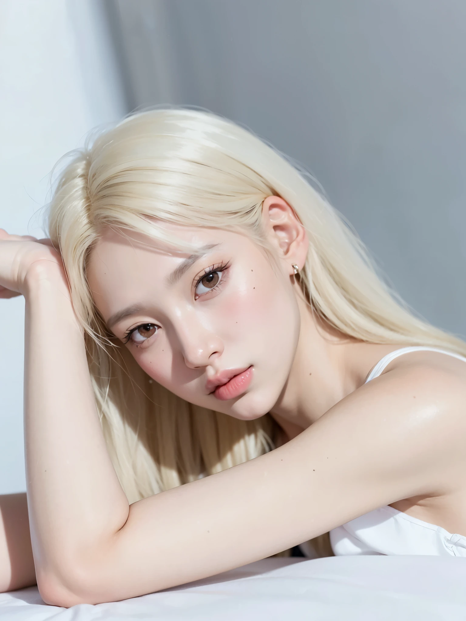 un primer plano de una mujer con cabello largo y rubio recostada en una cama, parque roseanne de blackpink, portrait of jossi de blackpink, su cabello es blanco, peinado de corte hime blanco, Jinyoung Shin, very very pale blonde hair, Pale fur, con pelo largo y blanco, jaeyeon nam, jossi de blackpink, kim doyoung, con el pelo largo y blanco