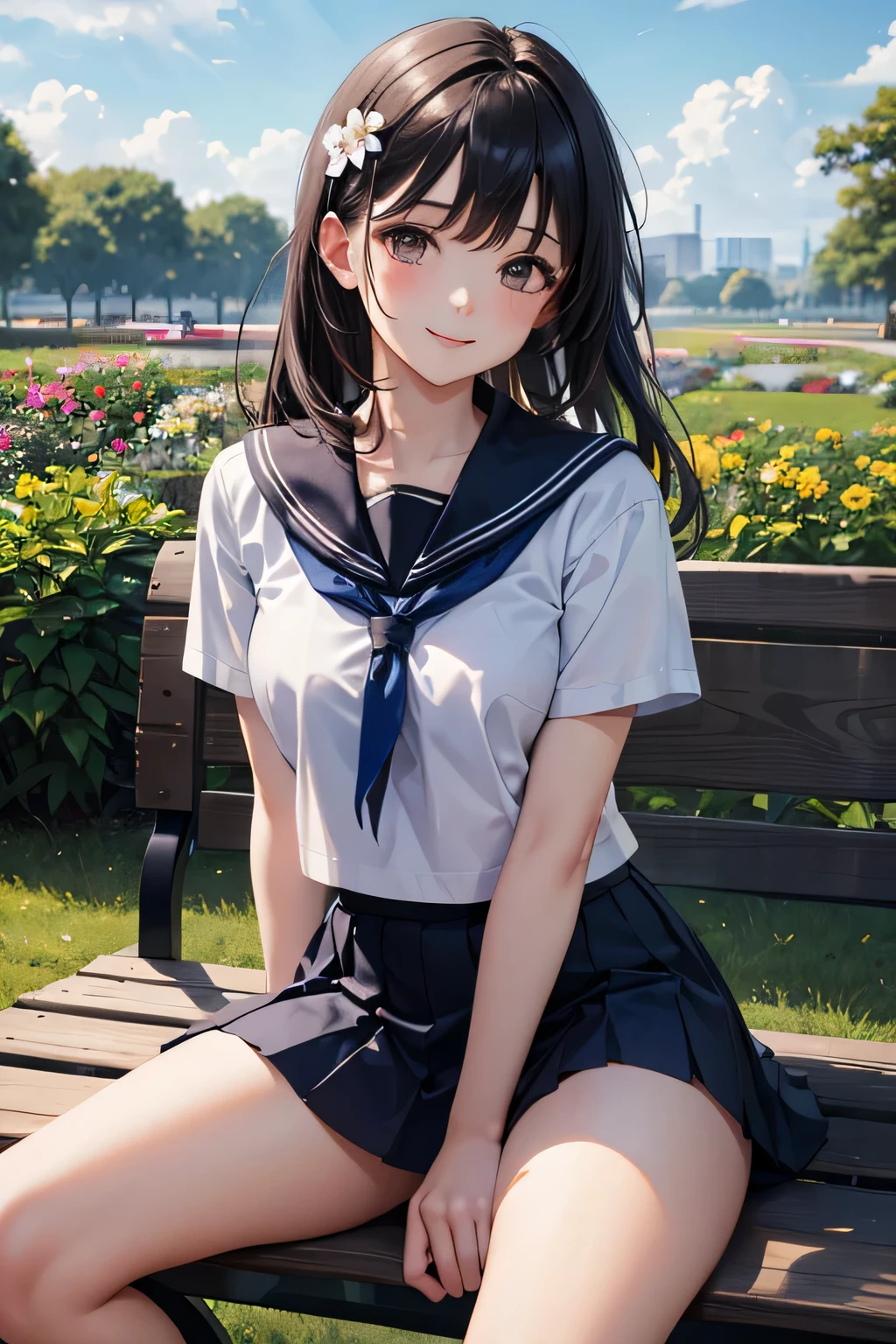 very cute and beautiful girl,(very detailed美しい顔),
(smile),serafuku,navy blue pleated mini skirt,
sitting on a park bench,spread your legs,white panties,dynamic angle,looking at the viewer,black hair,
flower garden,grassland,shrubbery,
(highest quality,masterpiece:1.2),disorganized,High resolution,super detailed,very detailed,32K,8K resolution,
intricate details,movie-like scene,detailed background,alone,dynamic angle,
hair blowing in the wind,beautiful and detailed sky,