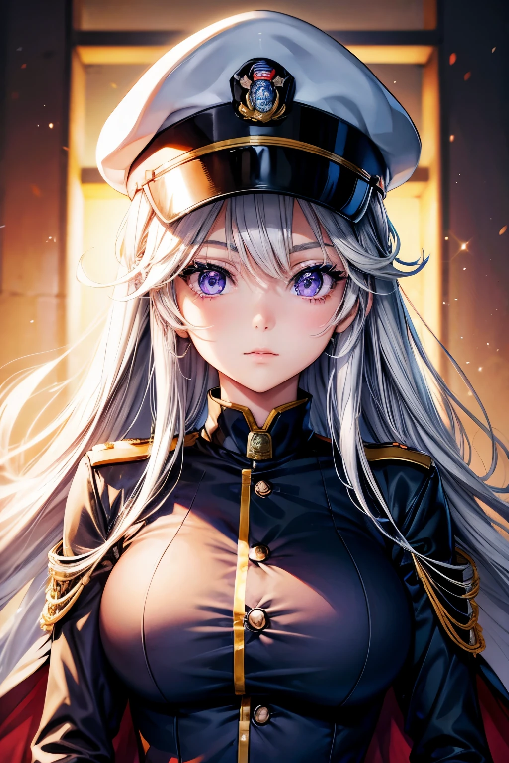 anime girl military uniform and hat, best quality, high resolution, very fine texture, cute and beautiful facial details, long white hair, bright purple big eyes, eye liner, double eyelids, big breasts.