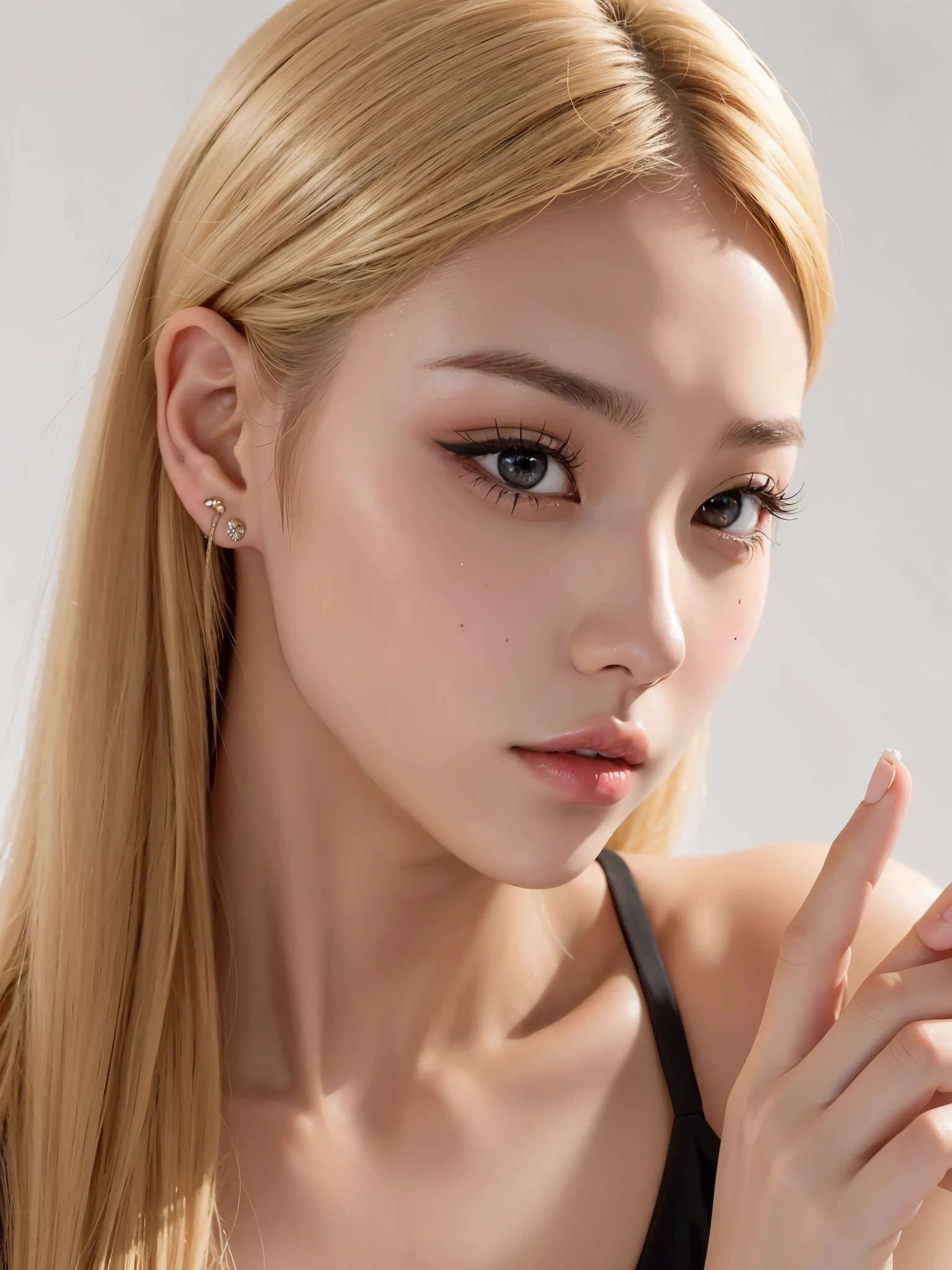 a CLose up of a woman with long blonde hair and a black top, maquillaje popular de corea del sur, maquillaje coreano popular, hermosa joven coreana, hermosa mujer surcoreana, parque roseanne de blackpink, hermosa joven coreana, CL, heonhwa choe, cara sexy con maquillaje completo, muchacha coreana, retrato de jossi de blackpink, hermoso rostro estetico, rasgos de la cara coreana