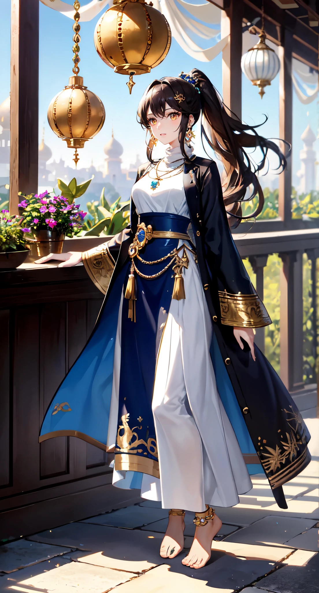 hanging garden背景,greenhouse,Chocolate brown high ponytail long hair,Standing close-up,dream world,Babylon Queen,Chocolate high ponytail,Messy hair,golden eyes,civilization,hanging garden背景,(floating island,hanging garden：2.0),A wide range of jewelry,(Precious Middle Eastern style long dress,Black and blue coat,White long skirt：2.0),necklace,Her skin is very white, fair complexion,(White long dress,Exotic),barefoot,Gemstone anklets