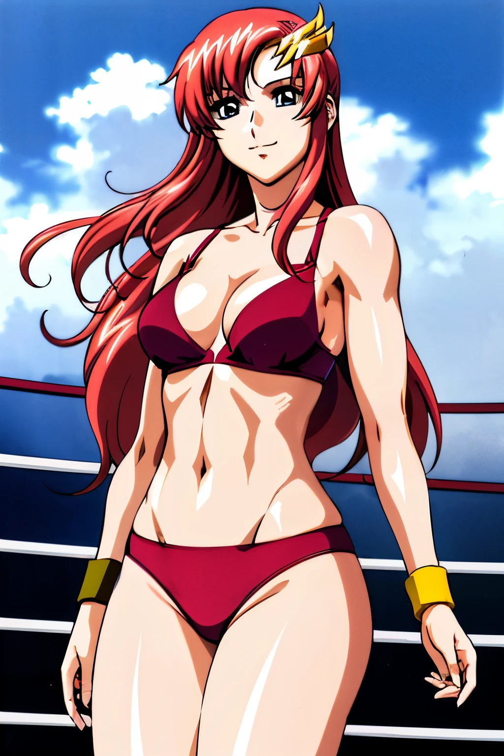 lacus4, (red bikini, groin lines), (masterpiece, cowboy shot, very slim shoulders, 4K, Best Quality, Anime style: 1.9, happy, Adult Woman, (ultra detailed head), (wrestling ring with crowd, cloud background), Drawing lines, high resolution, lacus4), 1girl, Solo, curvy figure, Long hair, 鎖骨, scapular, (Detailed wide hair bangs, Hair Ornament, Detailed reddish-pink hair, shiny streaks, slim arms, detailed golden crest), cleavage, large hands, (hair cover shoulders). (Big blue eyes, shiny eyes), ((female wrestler, (slim body), little biceps, slim arms, closed fists, thighs)), ((perfect proportions, medium breasts, long belly)), ((totally red bra, neck band, bracelets))), smile, (standing, hot colors), detailed fingers, (bare shoulders)
