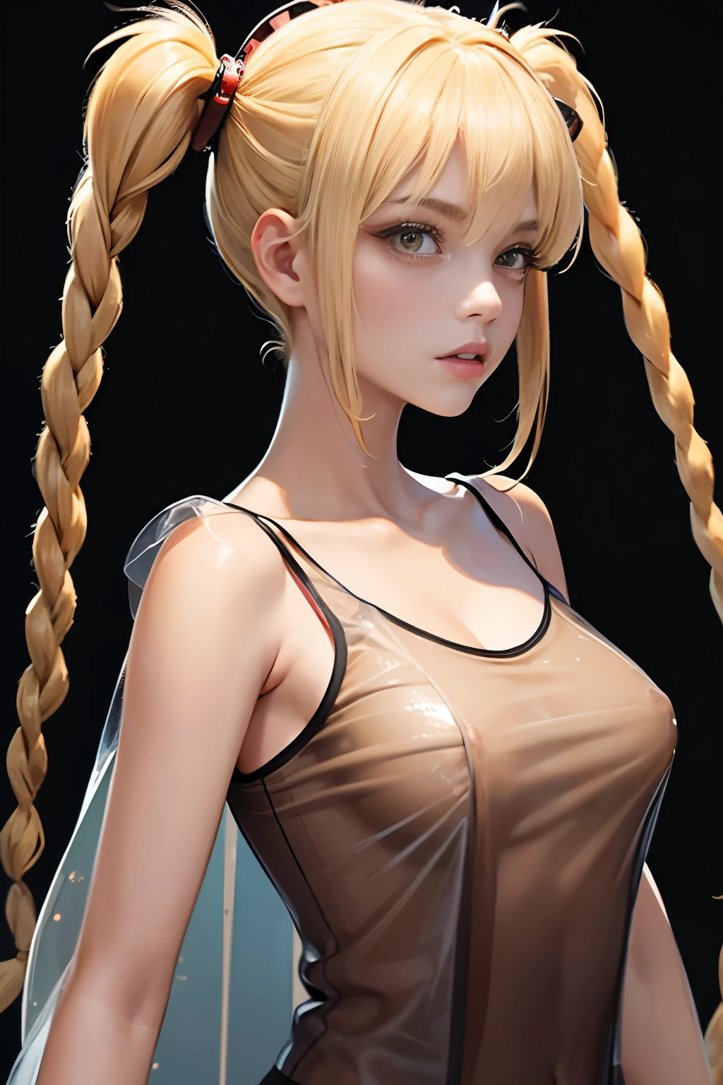 optimal,master piece,High resolution,best quality,hyper hd,super detail,award-winning,16K,solo,(Upper body),correct anatomy,Beautiful Cyberpunk Girl,cowboy shot、cute face,,blonde、long hair、twin tails、Braid, hair line,((scarlet eyes)),long eyelashes,dangling corner of the eye,white skin,shoot from the side, ((see-through camisole:1.5)), ((transparent nipples))、rocket , (Because I'm slender),