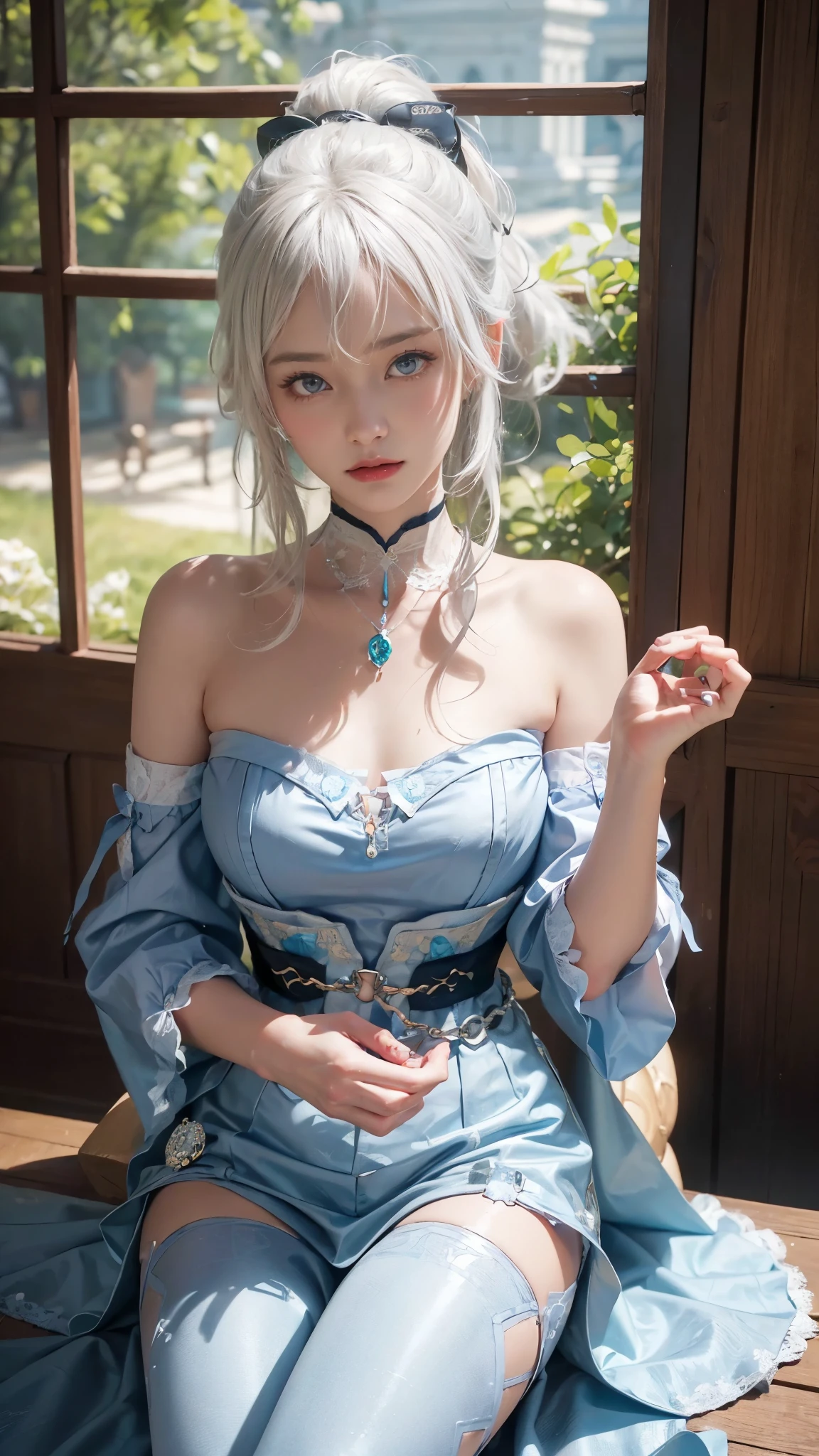 (((colorfulhair, [White hair]))), Hyper-realistic 8k CG, picture-perfect face, flawless perfection, Clean, tmasterpiece, professionalartwork, famousartwork, 灯光, cinematicbloom, is a perfect face,(young:1.2),((20yr old)), Nice face, pretty eyes, (((Perfect female body, Willow waist))), young princess, Royal, sankta, welcoming, sankta, (royal palace), Fantastical, like a dream, Not real, scientific fiction, (ordinary:1.2), Beautiful outfit, Lace, Lace edges, Lace-trimmed tights, NSFW,, Ridiculously long hair, Very long hair, (Rich:1.4), choker necklace, ear nipple ring, bangle, armlets, view the viewer,(virgin:1), (Hands have up to five fingers), (Redlip)，jeanseabreeze，