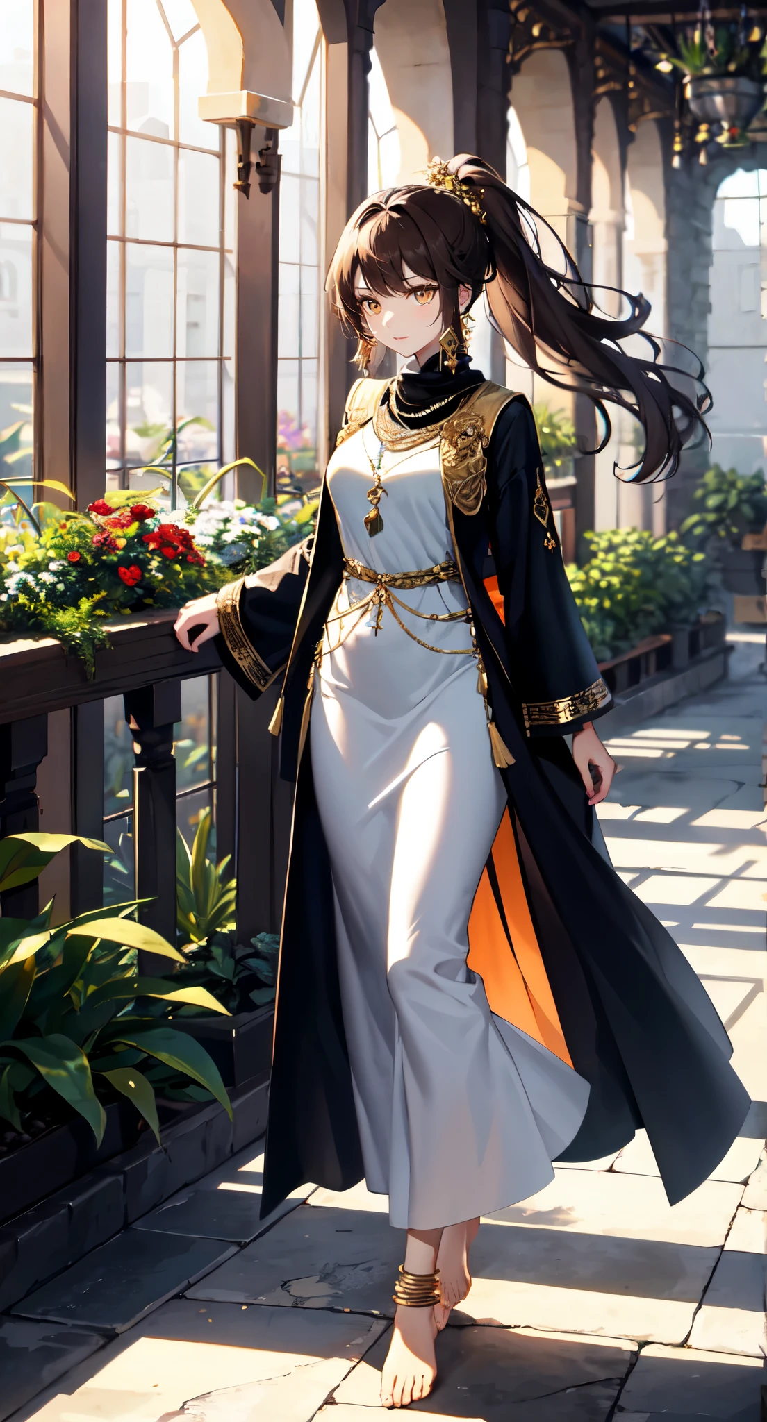 hanging garden背景,greenhouse,Chocolate brown high ponytail long hair,Standing close-up,dream world,Babylon Queen,Chocolate high ponytail,Messy hair,golden eyes,civilization,hanging garden背景,(floating island,hanging garden:2.0),A wide range of jewelry,(Precious Middle Eastern style long dress,Black and blue coat,White long skirt:2.0),necklace,Her skin is very white, fair complexion,(White long dress,Exotic),barefoot,Gemstone anklets