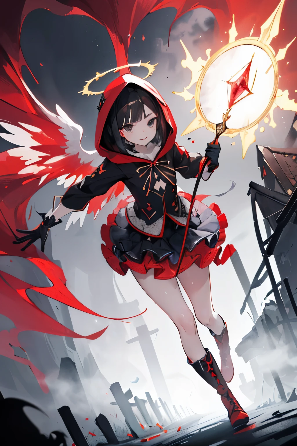 (((1girl))), ((best quality)), ((masterpiece)), ((ultra-detailed)), (illustration), (detailed light), (an extremely delicate and beautiful), (beautiful detailed eyes), (sunlight), ((extremely light)),  ((extremely clothes)), (((hyper detail))),(((((front lighting))))),(((((front light))))),

((((quite adorable and much more erotic Necromancer's robe with a brief skirt and Necromancer's hood)))), (((Finest Ranked Necromancer))),
, 

((short bob)), ((((black hair)))), (((short hair))),
(((crystal black eyes))), (((tiny adorable angel wings))), (((angel halo))),

(((whole body))), aged 8 to 12, ((((())))),
((condescending expression)), ((mischievous smile with sexual satisfaction)),  (((extra adorable))), (((((extra slender shape))))), 
(((extremely beautiful detailed face))), (((surrounded by red fog with corps of fancy ghosts))), 
(((((supre dynamically and bravely attacking enemies by a spell of layered red fog of introduction of death))))), (((elegant magic boots))),

(((((Dutch angle))))), (((magical colored gloves))), ((transparent magical underskirt)), (a little bit exposed magical colored panties)