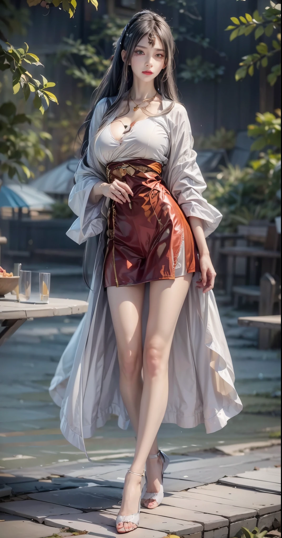 realistic, 1 women, best quality, 12k, HD, long hair, big round breasts, cleavage, ponytail, necklace, jewelry, shorts, short jacket, slim hips, hair tie, yellow eyes, black hair, super detailed, Eye details, hair details, person details, mouth details, face details, breast details, clothes details, hair details, pants details, hand details, whole body