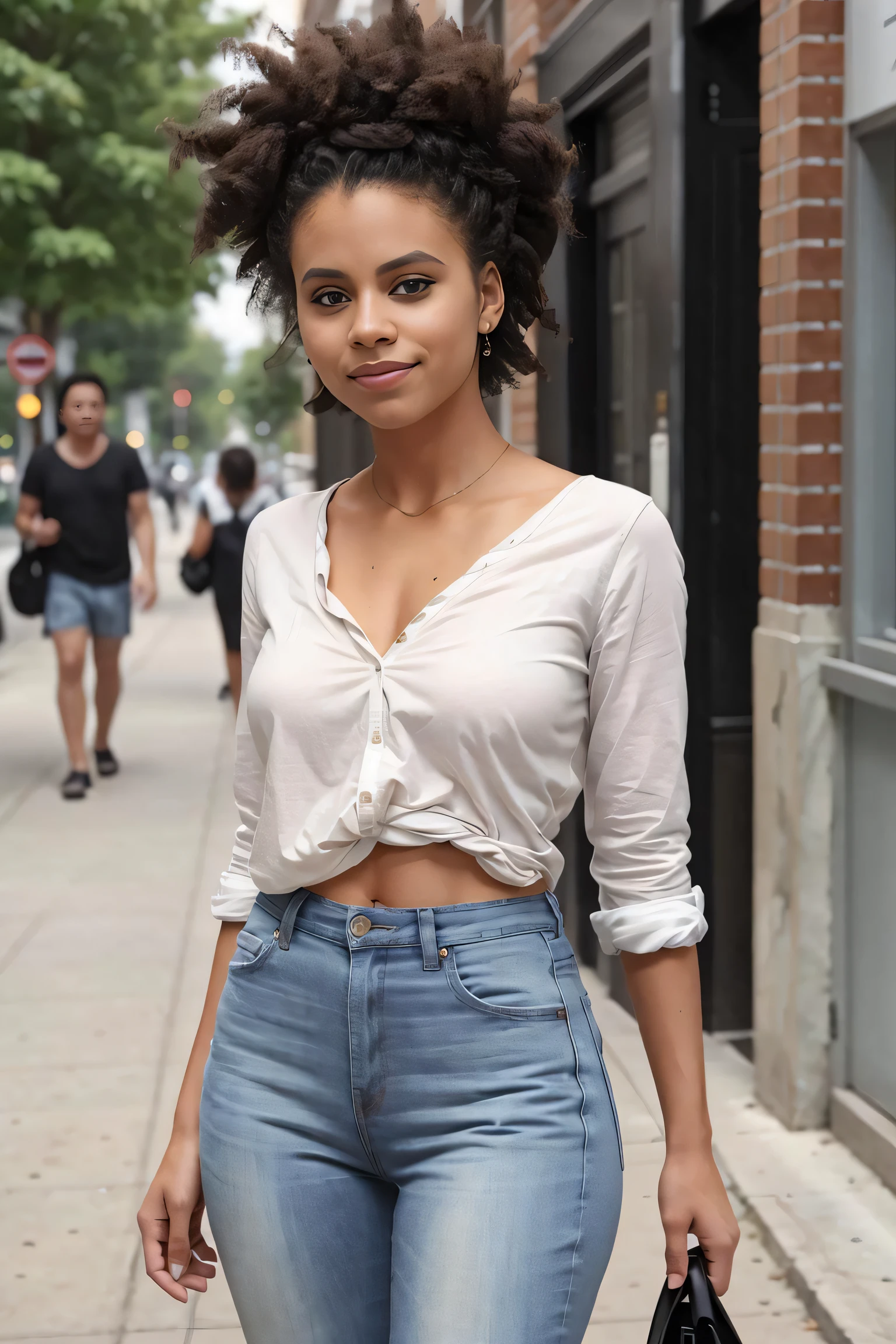 RAW Photo, 35mm Lens, Aperture F1.4, a girl, In White Cardigan, gray t-shirt, jeans, simple gold chain necklace, stylish, dark skin, Black Hair, Real Skin, street market, natural lighting