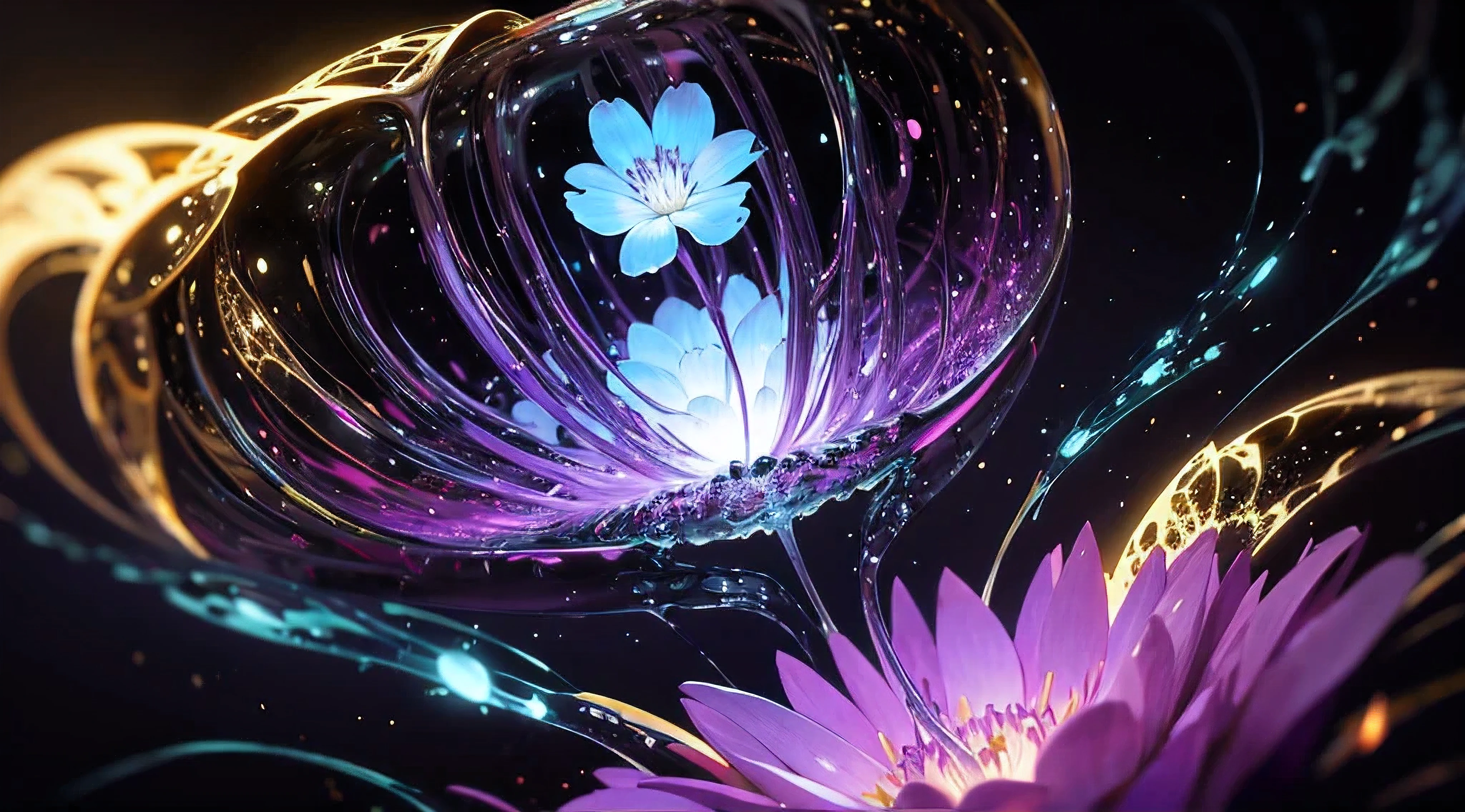 reticulatingnoisegradientstyle, bioluminescent purple flower,fabulous night forest,magical radiance,Concept art,depth of field,Raw photo,realistic,cinematic lighting,soft shadows,sharp focus,fractal,colorful,depth of field,best quality,16k resolution,vivid colors,volumetric lighting,