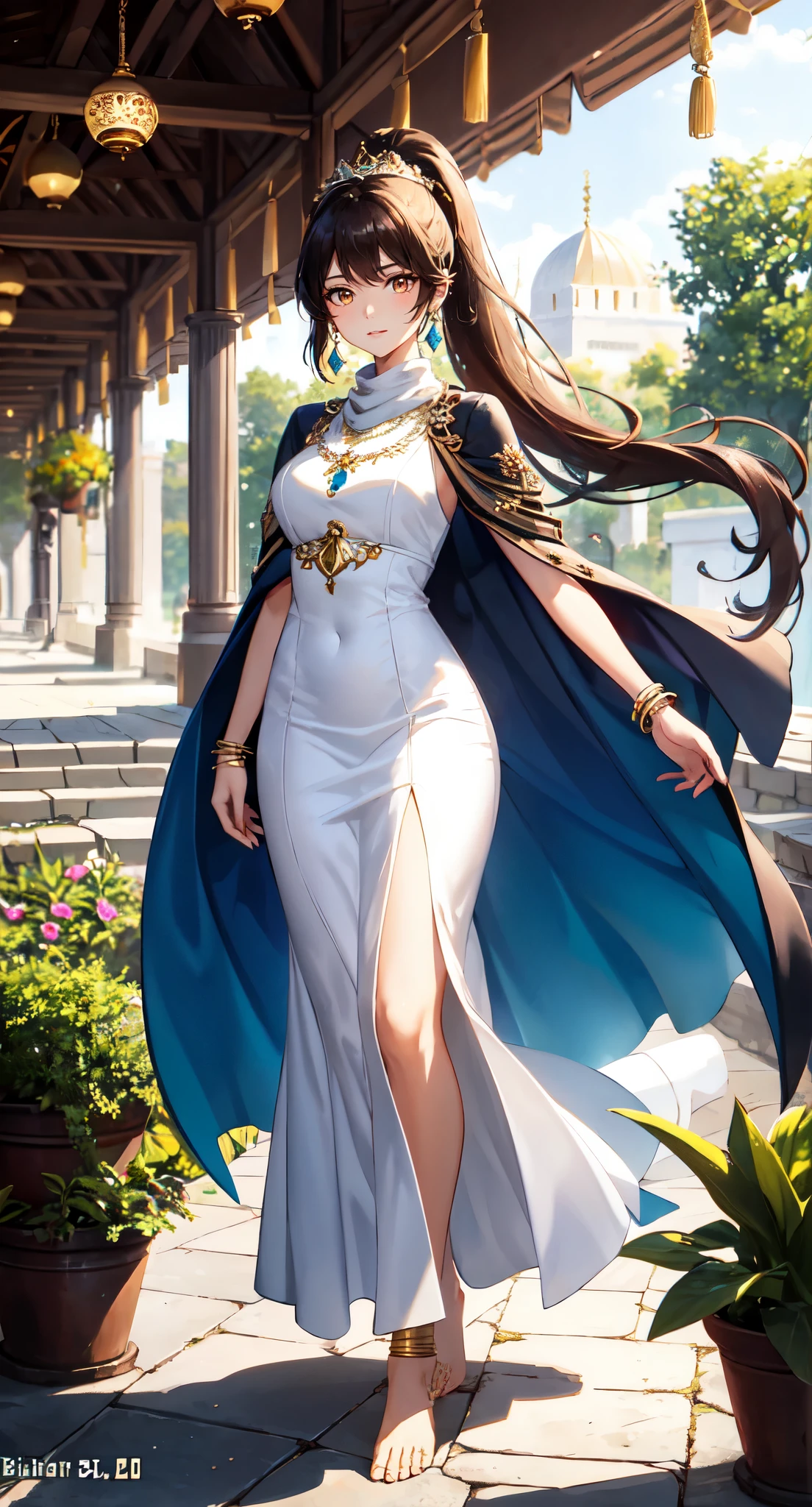 hanging garden背景,greenhouse,Chocolate brown high ponytail long hair,Standing close-up,dream world,Babylon Queen,Chocolate high ponytail,Messy hair,golden eyes,civilization,hanging garden背景,(floating island,hanging garden:2.0),A wide range of jewelry,(Precious Middle Eastern style long dress,Black and blue coat,White long skirt:2.0),necklace,Her skin is very white, fair complexion,(White long dress,Exotic),barefoot,Gemstone anklets