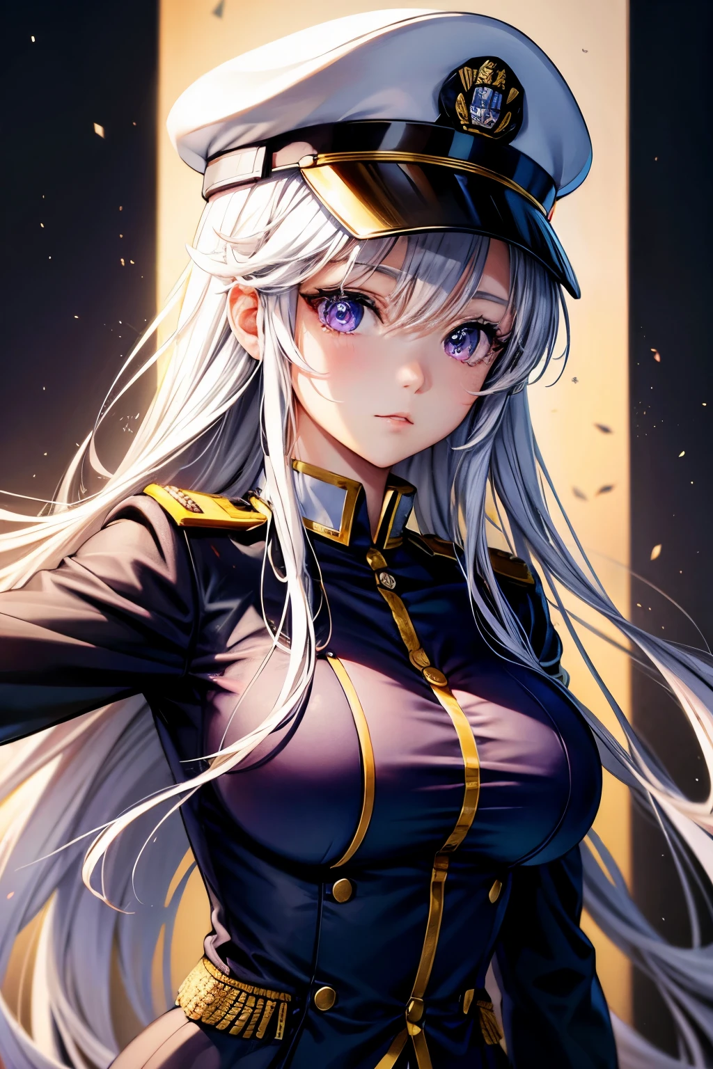 anime girl military uniform and hat, best quality, high resolution, very fine texture, cute and beautiful facial details, long white hair, bright purple big eyes, eye liner, double eyelids, big breasts.