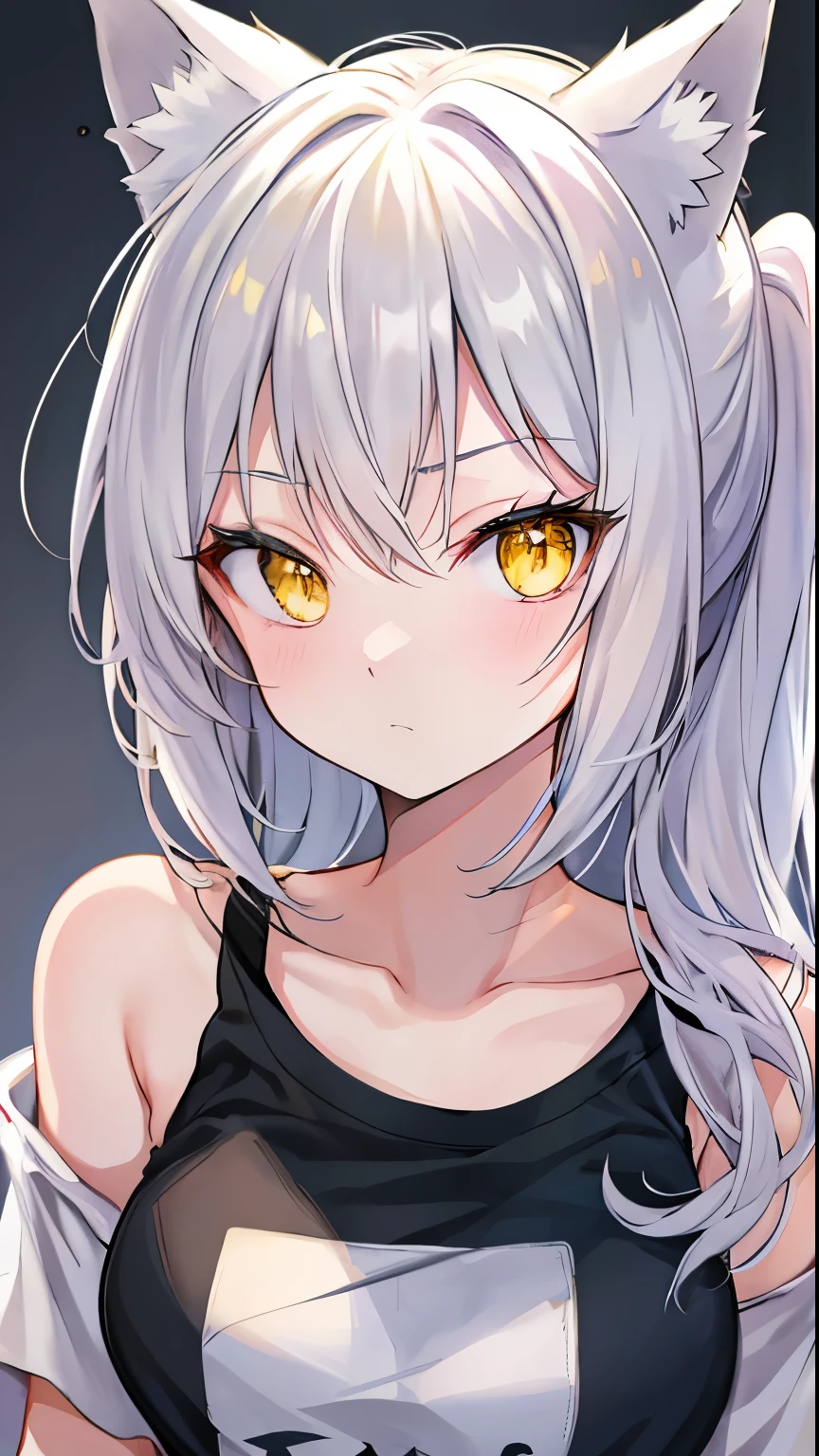 haze,t-shirt, animal ears, yellow eyes, nose piercing, Casual Wear, portrait, amazing, hair past shoulders, hoodless, beautiful, 4K