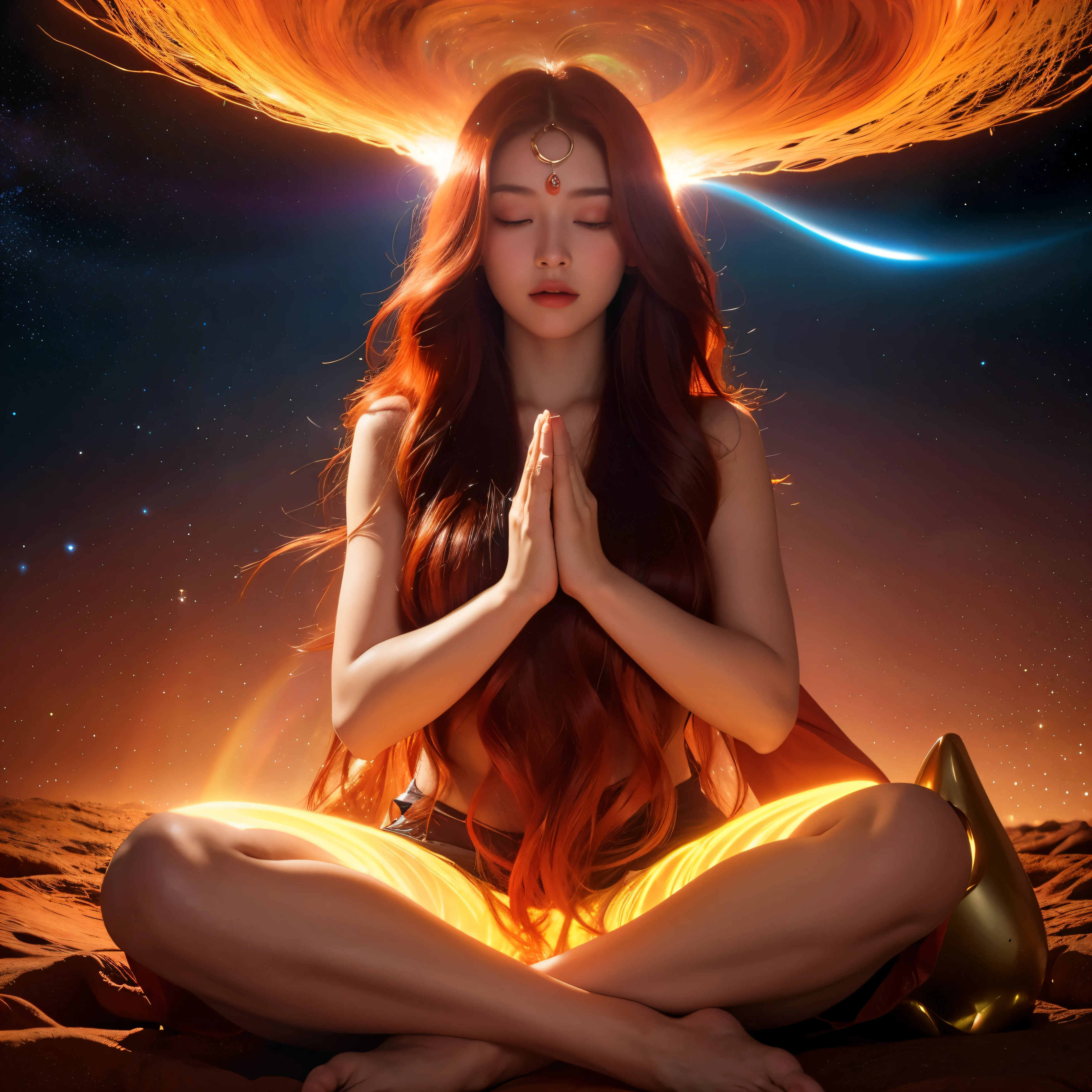 masterpiece, highest quality, High resolution, alone, woman in deep meditation, space background, mysterious aura, A shining light emanating from her, Colorful energy surrounds her, Goddess-like figure, long red hair flowing down, A spiritual connection shown through her glowing red eyes, Calm yet intense expression, fold hands in prayer position.