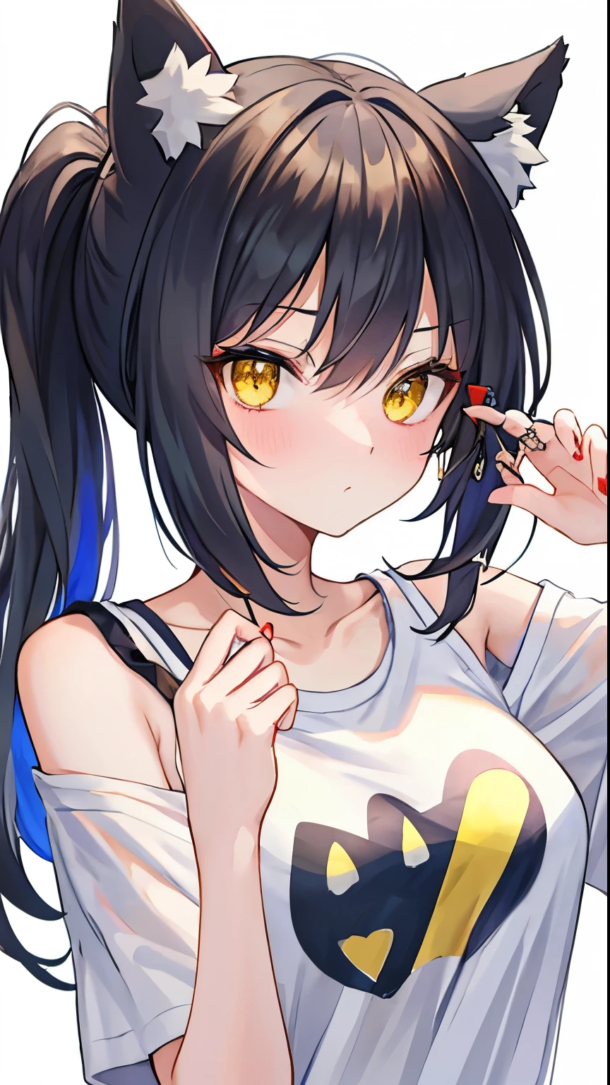 haze,t-shirt, animal ears, yellow eyes, nose piercing, Casual Wear, portrait, amazing, hair past shoulders, hoodless, beautiful, 4K