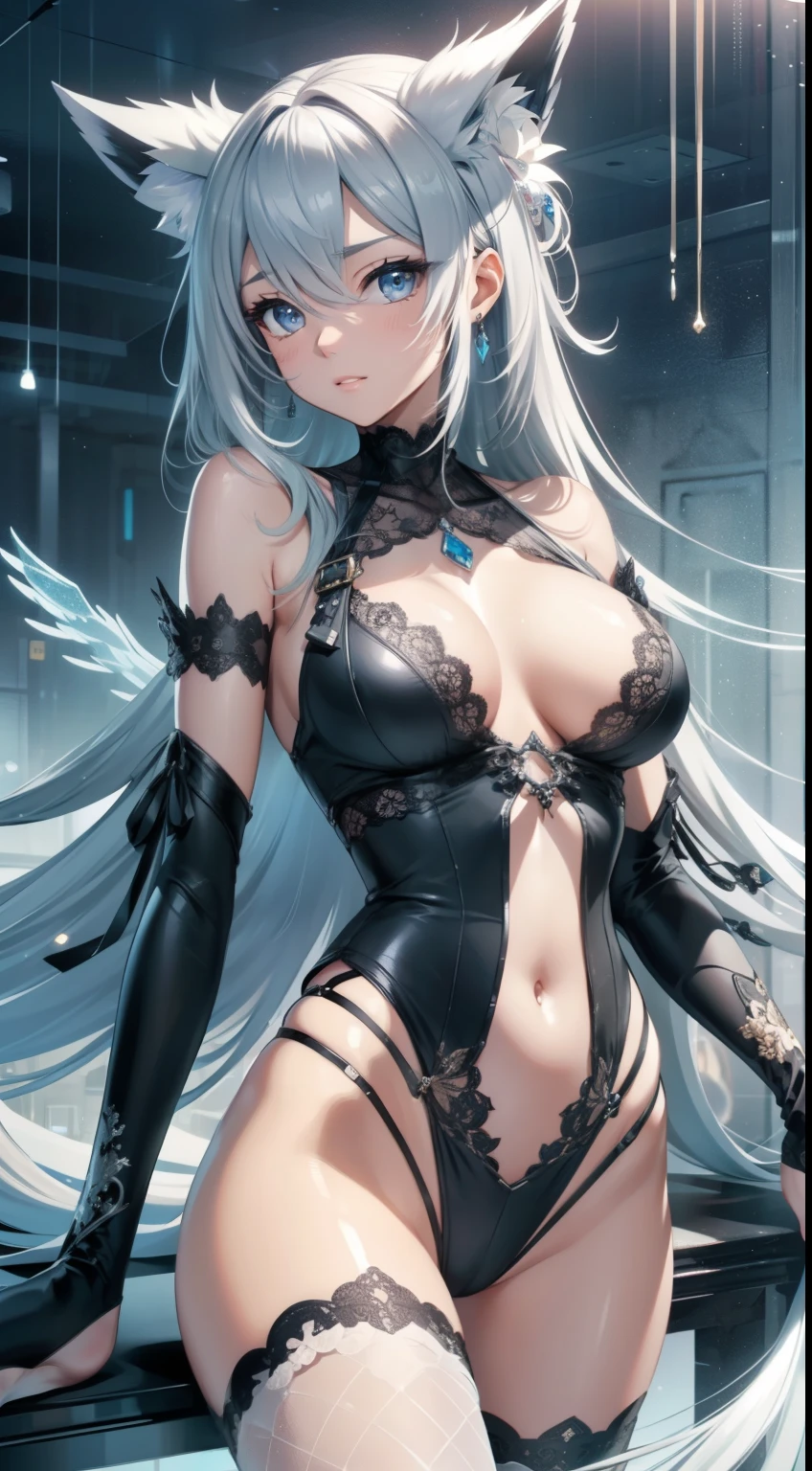 full body esbian, masterpiece, best quality, official art, very detailedな CG 8k 壁紙, (flying petals)(detailed ice), Skin crystal texture, stern expression, (fox ears), gray hair, long gray hair, messy hair, e blue eyes, medium breasts, looking at the viewer, Hands are really optimized, The foot is truly and rationally optimized, very elegant and beautiful, High resolution, Underwear lace (transparent pubic hair, silky), Navel exposed, Sling Pajamas Black Silk (transparent pubic hair, silky), Strangle leg rings, close up of feet, Unilateral ponytail with gray hair, flushed face, Lie, Background bed, water stains (Close up of transparent water stainss), Lots of resolutions, Hand close-up, The lines are clear and realistic, realistic pictures, highest quality, tmasterpiece, very sophisticated and beautiful, very detailed, CG 8k, amazing cleavage, in detail, tmasterpiece, best quality, very detailedな CG Unity 8k 壁紙,
