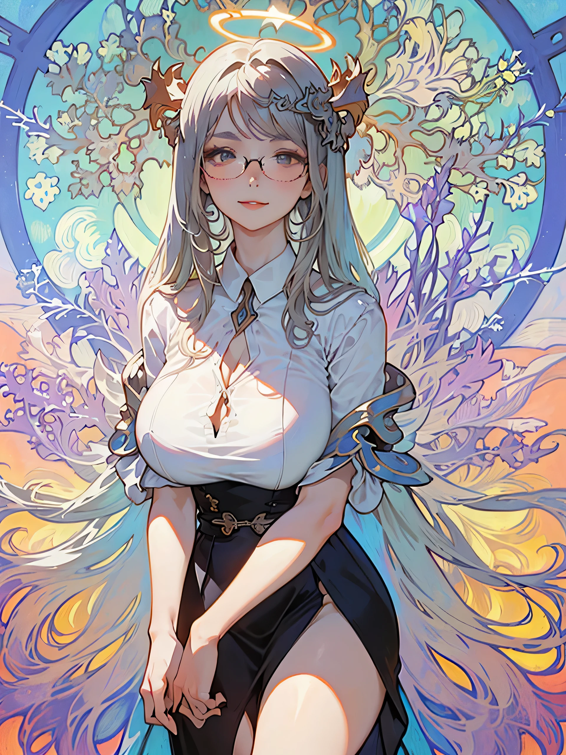 (figure), ((masterpiece, highest quality)), (1 girl, women only, Lonely Woman, smart & intelligence:1.4), (female focus), (symmetrical face, beautiful face:1.4), (a little smile), (Ahoge, gray hair, long hair), (Black Big Eyes,Rimless glasses), ((white shirt), (buttoned shirt)), ((black skirt), (short skirt)), Are standing, white background, turn your arms behind your back, (huge breasts, saggy breasts), (Mucha:1.4), (beautiful magician, very strong halo:1.4)