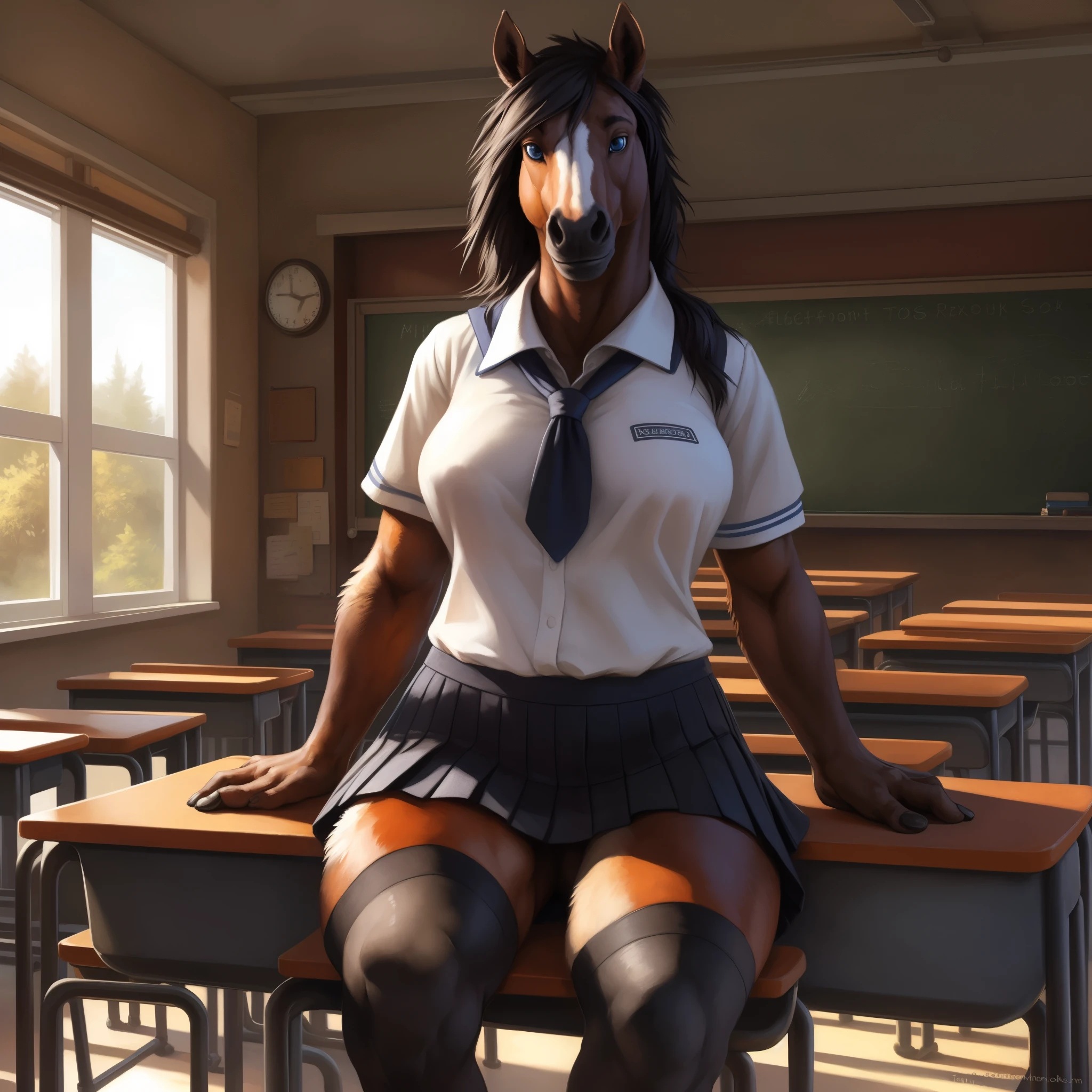 solo, ultra detailed), a beautiful and detailed full size portrait of a female anthro horse, stallion, big body, adult, mature, fur, black body, black skin, non-mammal breasts, looking at viewer, blue eyes, bedroom_eyes, detailed background, looking at viewer, detailed eyes, (((front view))), sexy body, tan_countershading, tan body, goddess, kenket, Ross Tran,ruan jia, trending on artstation,foxovh, cenematic lighting, huge , ((school uniform, black skirt, black leg wear)), smile, sitting, barely visible panties, classroom