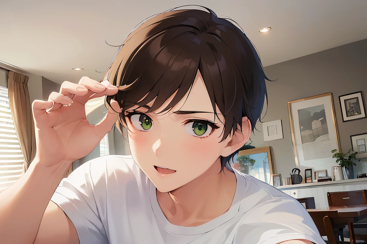 (outstretched arm:1.1), cinematic angle, masterpiece、high quality、(25 year old man with short dark brown hair and green eyes:1.5), wearing a white T-shirt、(Alone:1.5)、smile, (Only the upper body is shown.:1.3)、Kitchen background
