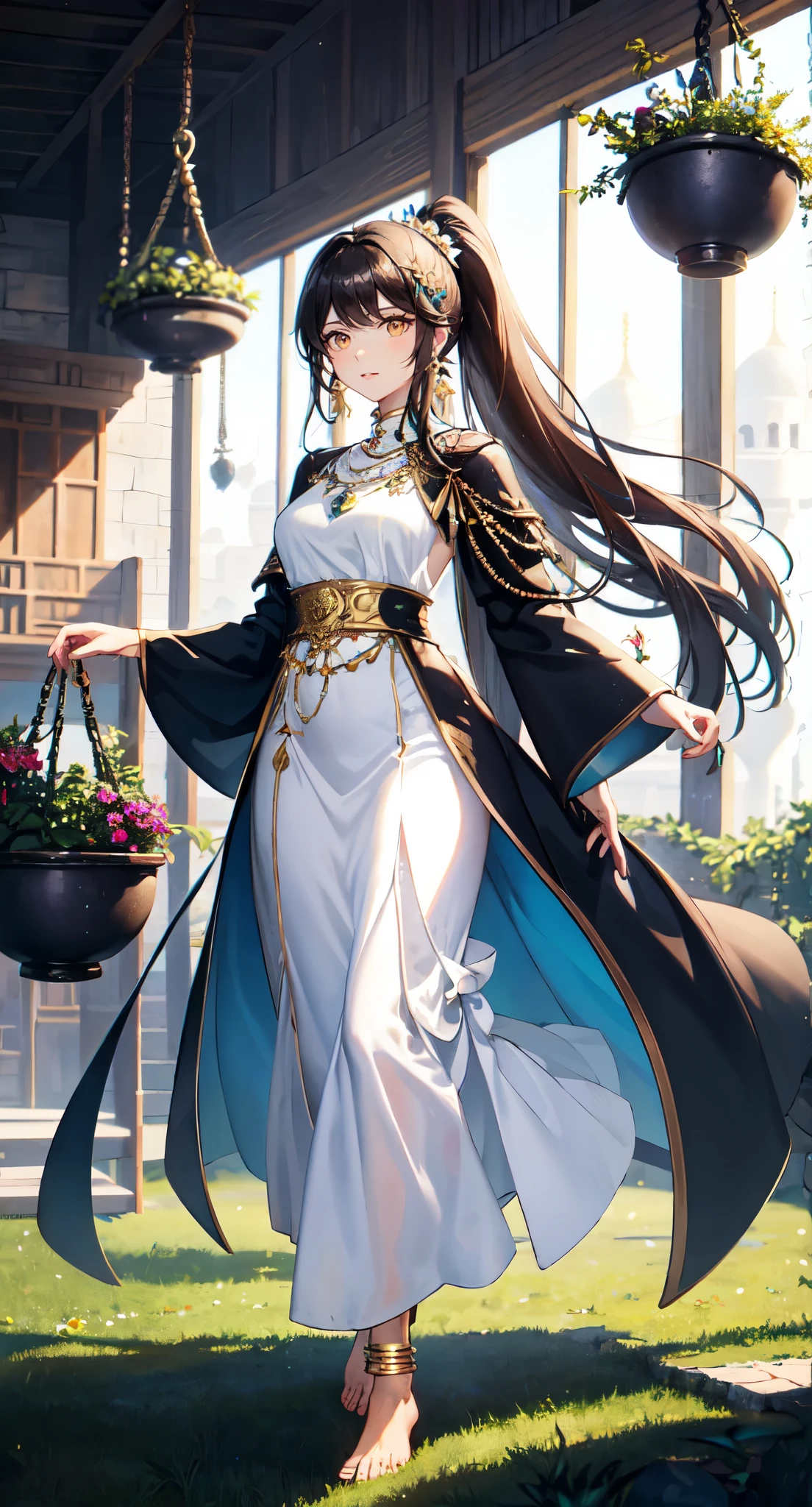 hanging garden背景,greenhouse,Chocolate brown high ponytail long hair,Standing close-up,dream world,Babylon Queen,Chocolate high ponytail,Messy hair,golden eyes,civilization,hanging garden背景,(floating island,hanging garden:2.0),A wide range of jewelry,(Precious Middle Eastern style long dress,Black and blue coat,White long skirt:2.0),necklace,Her skin is very white, fair complexion,(White long dress,Exotic),barefoot,Gemstone anklets