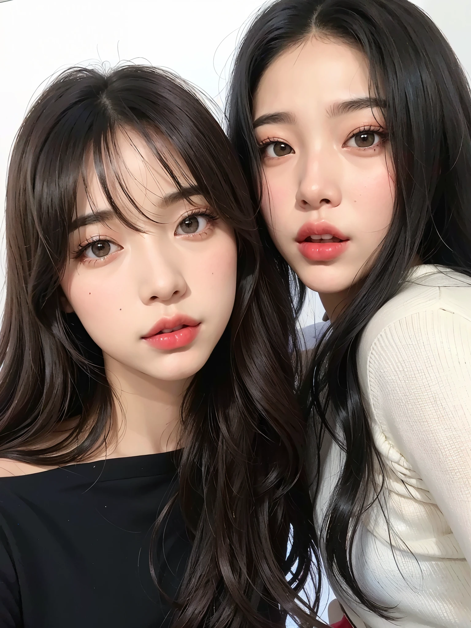Two Asian women posing for a photo with red lipstick., ulzzang, ambos tienen labios rojos, maquillaje popular de corea del sur, con negro, maquillaje coreano popular, jaeyeon nam, nixeu y sakimichan, con un gemelo, rasgos de la cara coreana, 🔞🤡, 8k)), sakimichan, #jefe, # jefe, foto de perfil