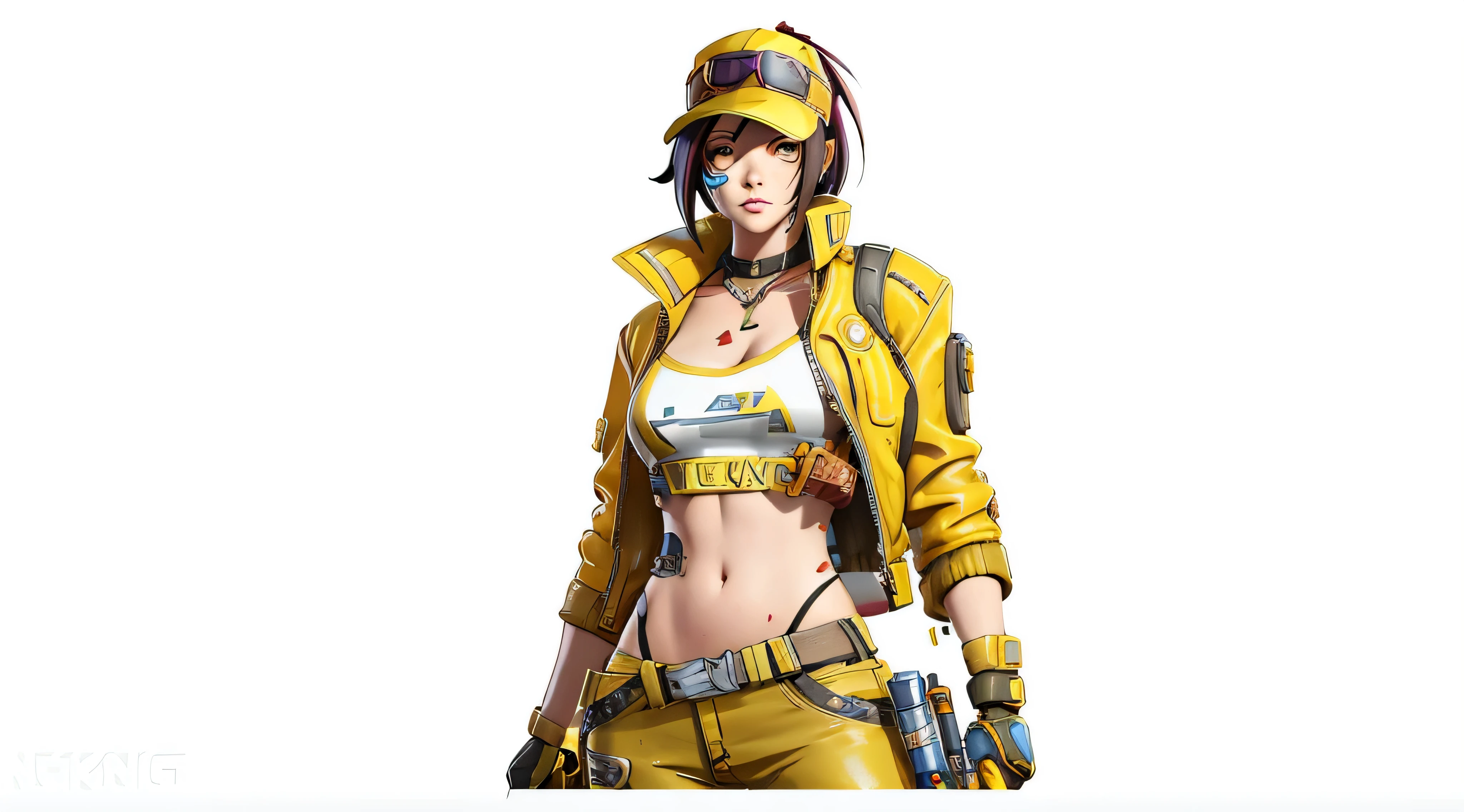 a woman in a yellow jacket and hat holding a gun, faye valentine, diesel punk female, katana zero video game character, as a character in tekken, female lead character, senna from league of legends, sigma female, borderlands style, in style of apex legends, borderlands 3 style, video game character, shadowrun character art, g liulian art style