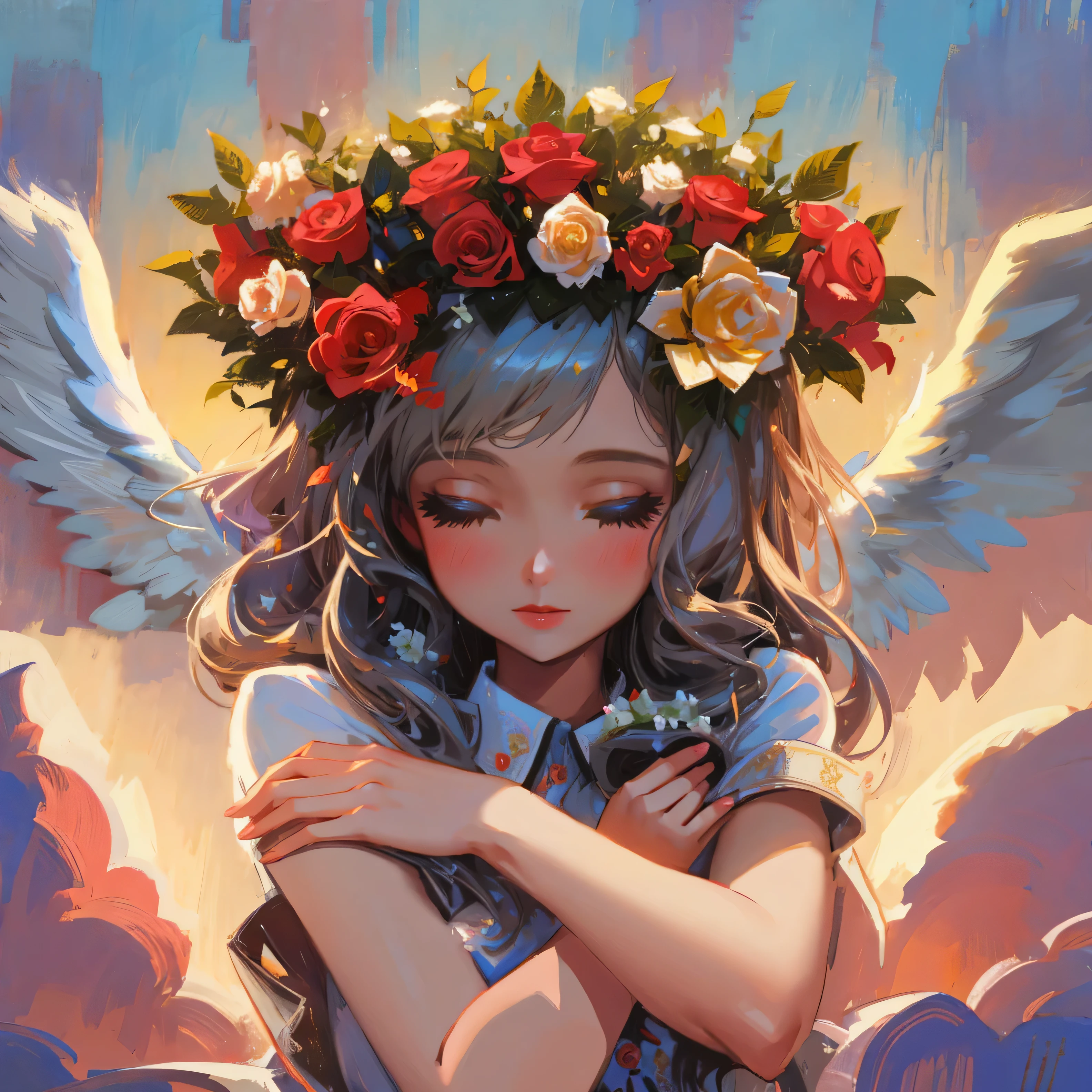 A painting of a woman with a wreath of roses on her head, beautiful angel, of an beautiful angel girl, of beautiful angel, beautiful angel girl portrait, beautiful female angel, angel girl, Written by Marie Angell, girl angel with wings, portrait of a beautiful angel, lots of pictures of angels, girl with angel wings, angelic face, beautiful digital art