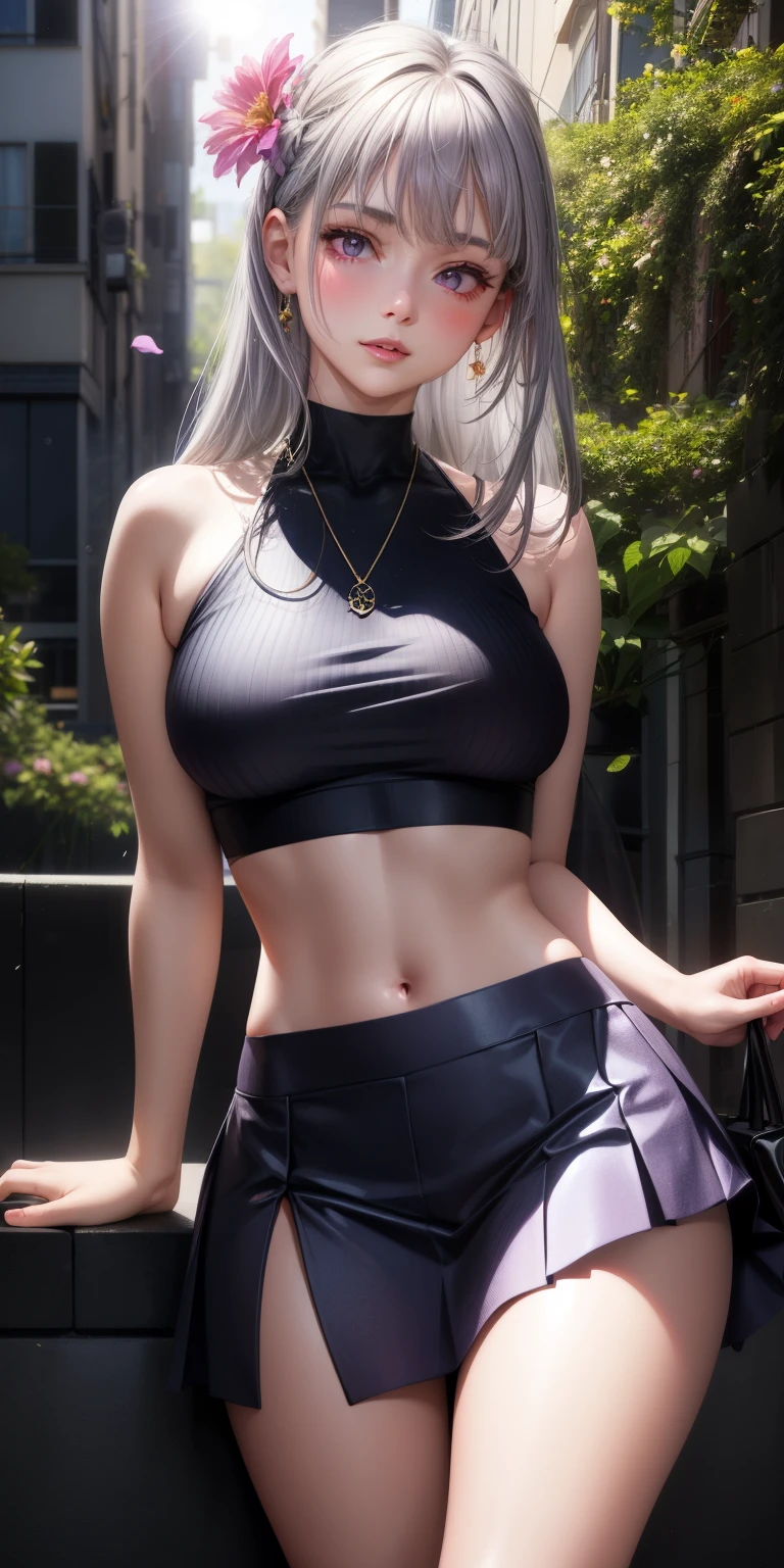 realistic, 1 girl, gray hair, purple eyes, shining eyes, crop top, skirt, parted lips, blush, night, flowers, sun, sunlight,open your legs,