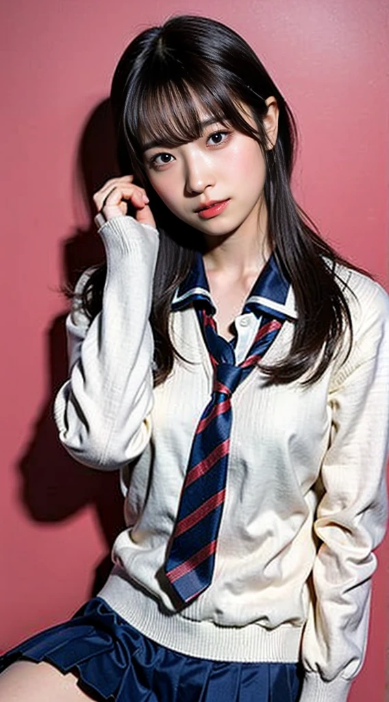 (8K、RAW photo、highest quality、masterpiece:1.2)、(realistic、Photoreal)、40 years、1 girl、I have a mole next to my eye、((White shirt with long sleeves、sailor suit、red tie、Below-the-knee length navy pleated skirt))、（high school girl）、The skirt is rolled up、gal、lots of eyelashes、glitter on eyelids、Dark Red Knee-High Socks、Skeletally correct、thighs open、wavy twintails、cute smile、sweaty body、attractive body beautiful perfect body、V-line emphasis、put your hands behind your head、Beautifully aligned fingertips、