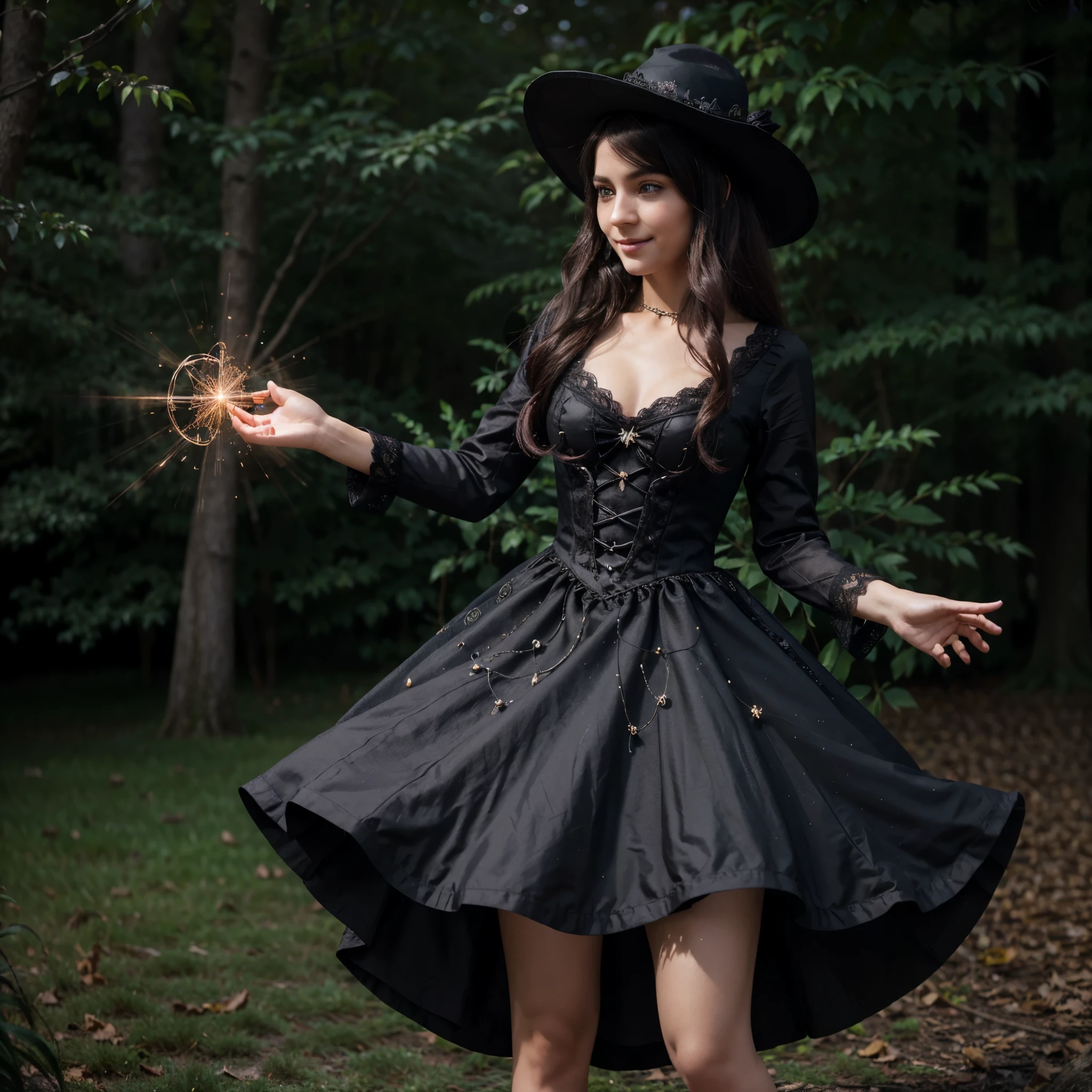 (best quality,4k,8k,highres,masterpiece:1.2),ultra-detailed,(realistic,photorealistic,photo-realistic:1.37),age boy magically transformed into a cute witch girl,girl with magical powers,cute and girly transformation,girl with magical abilities,anime style,pink eyes,long black hair with pink dye,happy,effeminate face,stunning black Victorian dress,gorgeous dress design,flowing gown,elaborate lace details,rich textures,contrast stitching,delicate ribbon bows,floral accents,full skirt,high neckline,long sleeves,fitted waistline,flared cuffs,lace-up back,luxurious fabrics,flawless silhouette,high heels,pointy hat,vibrant and colorful,enchanted forest background,flying broomstick with magical sparkles,casting spells in mid-air,adorable animal companions: a black cat and an owl,misty moonlit night,impressive spellbook filled with intricate illustrations,surrounded by floating magical orbs,exquisite lace details on the dress,mysterious expression,girlish giggle,captivating charm,powerful yet playful demeanor,endearing smile,sparkling wand in hand,spellbinding aura,graceful movements,playful pose with hands raised,luminous glow,with a hint of mischief in her eyes,beautifully intense magical energy emanating from her,soft and ethereal lighting,glowing magical symbols in the air,celestial background with twinkling stars,whimsical and enchanting atmosphere