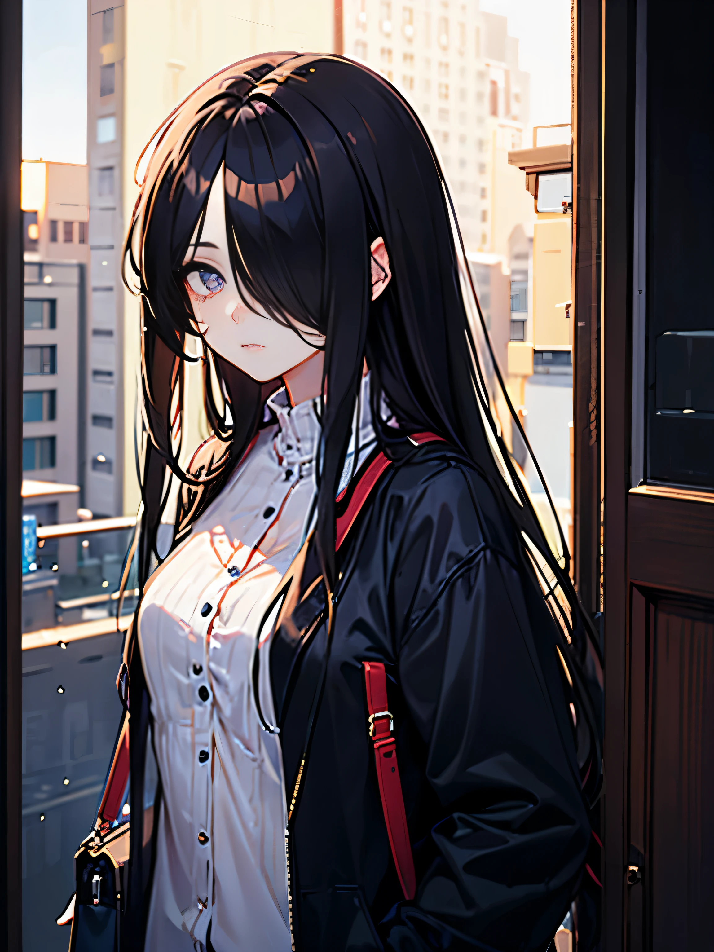 ((masterpiece, best quality)), (1girl), (solo), (female focus), ((dark hair, long hair, hair over one eye)), (hair over one eye: 1.2), sad eyes, cold facial expression, cold look, pale skin,  (dark circle under eyes), decadence, stunning, eerie, bag under eyes