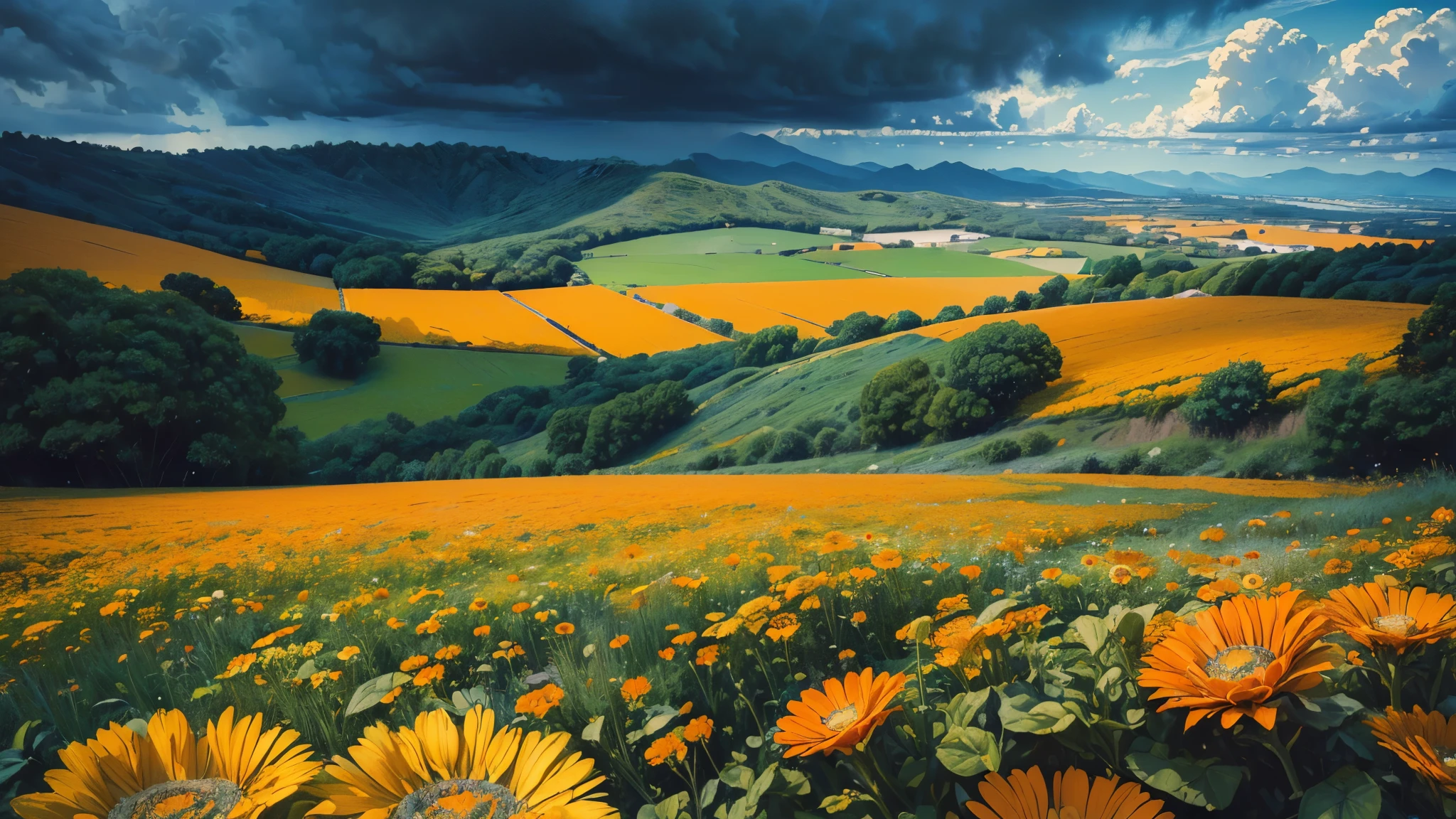 ((masterpiece:1.4), extreamly detailed, best quality, 8k, ultra hd), orange and blue colors, Calendula officinalis, orange flowers on the foreground, huge orange flower field, light blue sky, dark blue skies, stormy weather, calm atmosphere, green hills on the background, raindrops n the leaves, authentic, renessanse picture