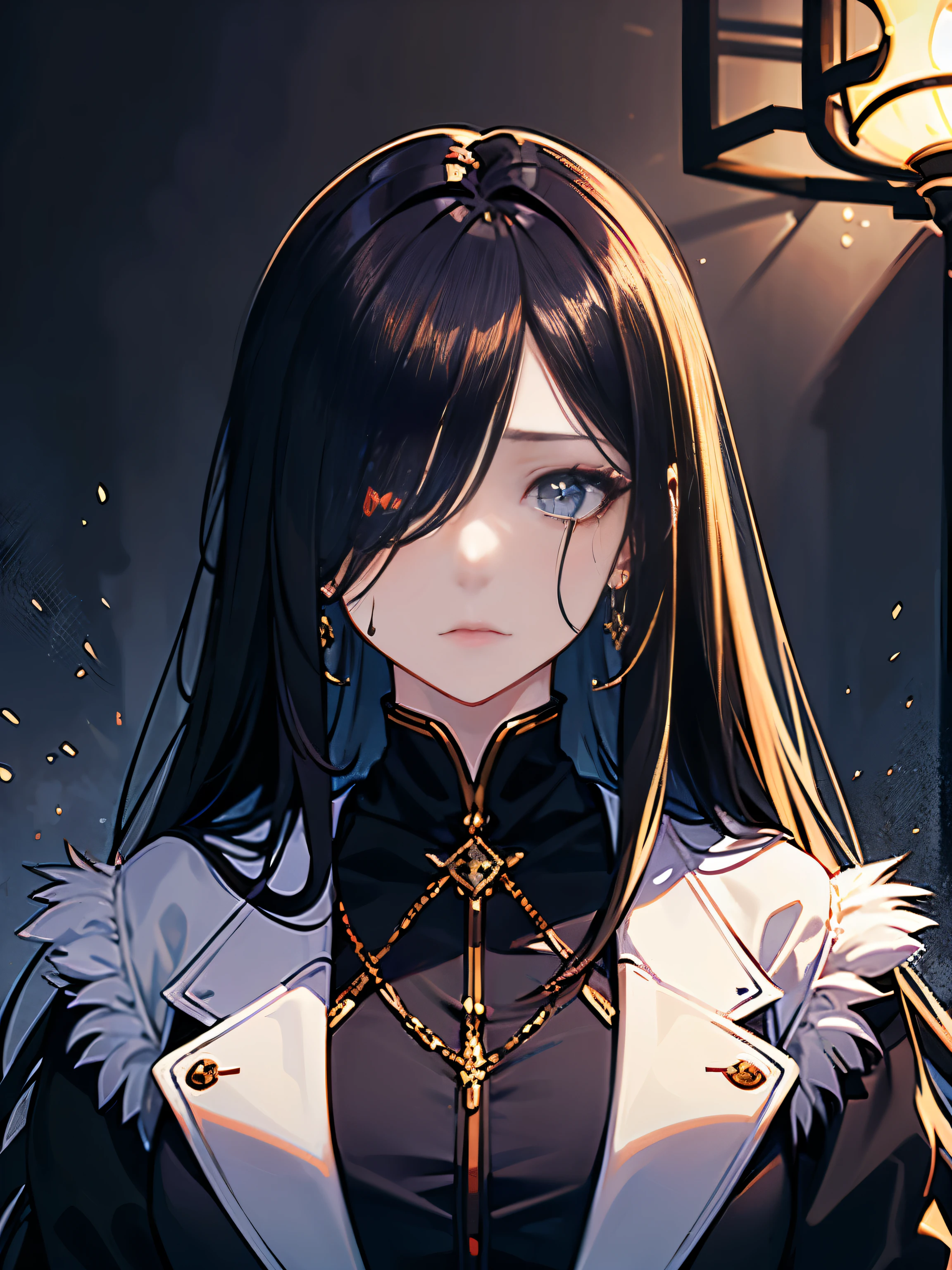 ((masterpiece, best quality)), (1girl), (solo), (female focus), ((dark hair, long hair, hair over one eye)), (hair over one eye: 1.2), sad eyes, cold facial expression, cold look, pale skin, (dark circle under eyes), decadence, stunning, eerie, bag under eyes