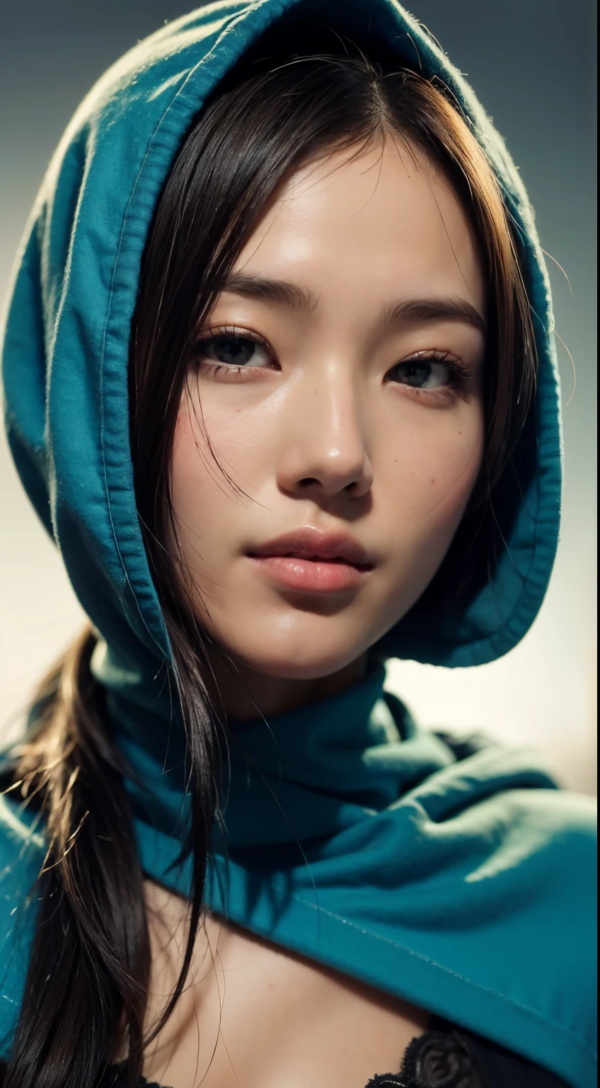 8k, best quality, masterpiece, realistic, ultra detail, photo realistic, hyper realistic, smoother lighting, increase cinematic lighting quality, realistic lighting, backlighting, brightening light, Increase quality, best quality real texture skin, 
close-up, slender, cute face, smile, beautiful details eyes, 19years old korean, pretty, Drill hair with electric blue color, hood,
